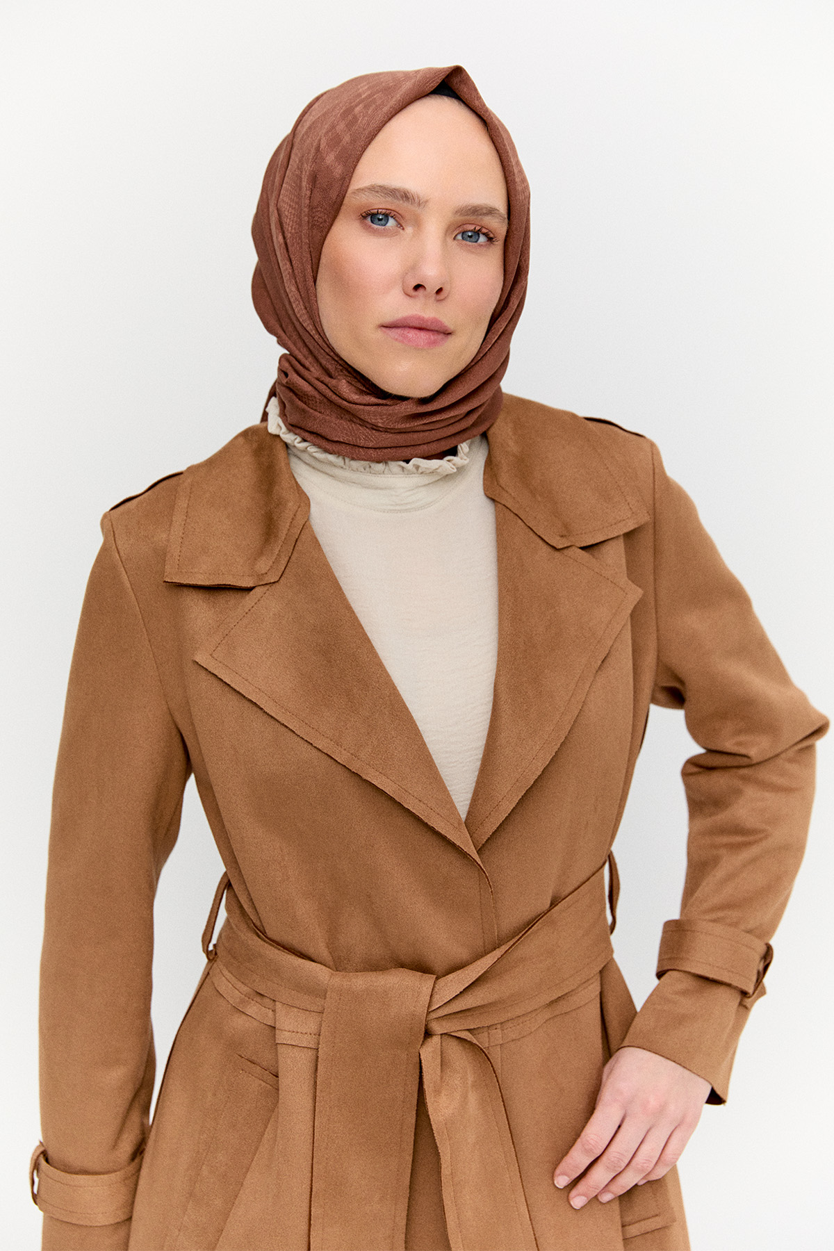 Kuşaklı Süet Görünümlü Uzun Kap, Tesettür Giyim