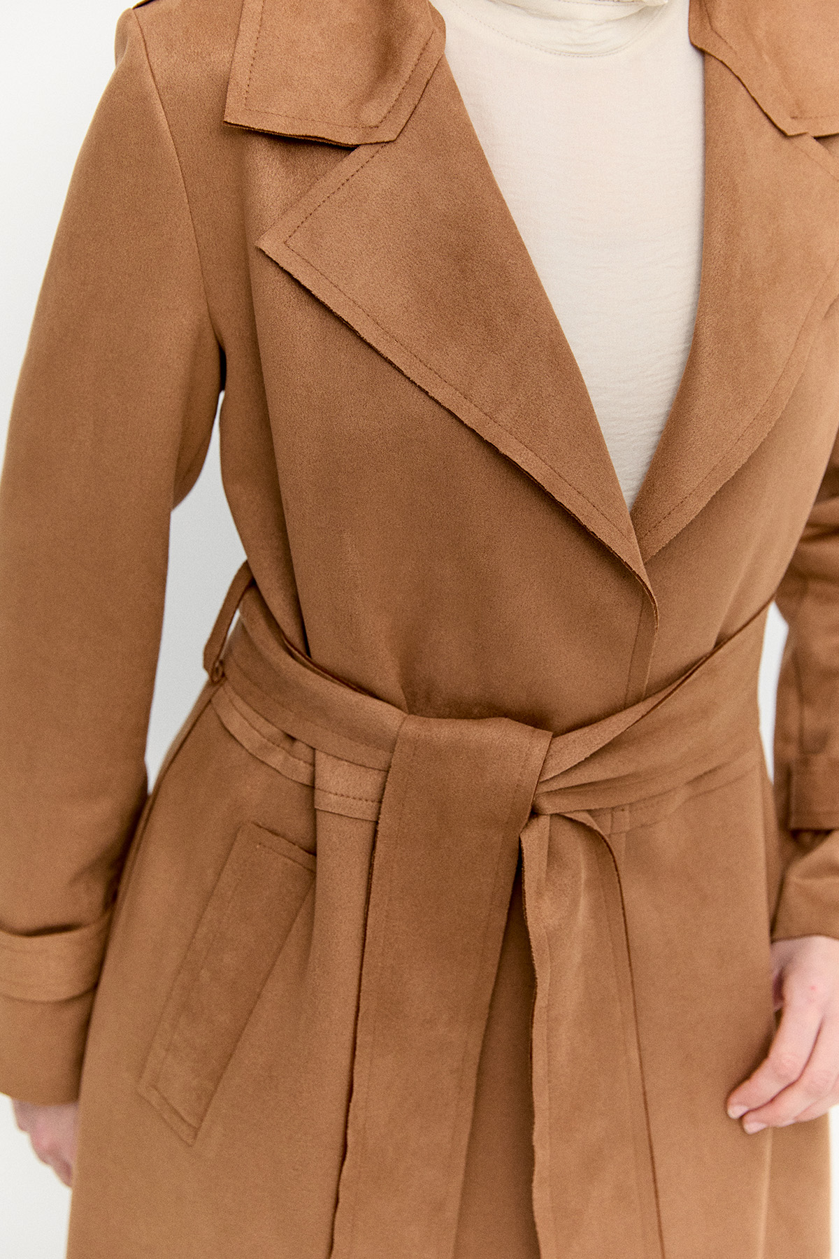 Kuşaklı Süet Görünümlü Uzun Kap, Tesettür Giyim