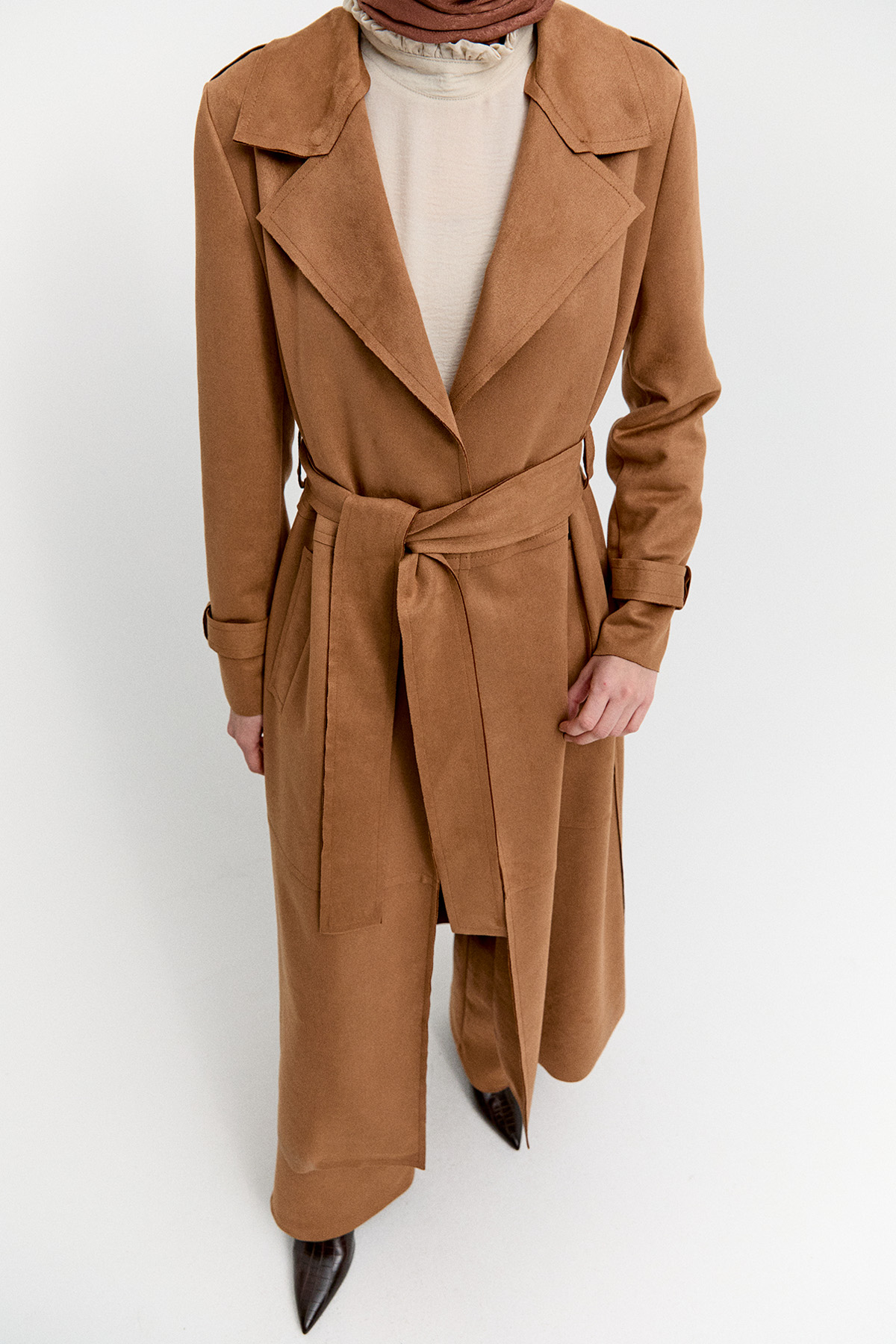 Kuşaklı Süet Görünümlü Uzun Kap, Tesettür Giyim