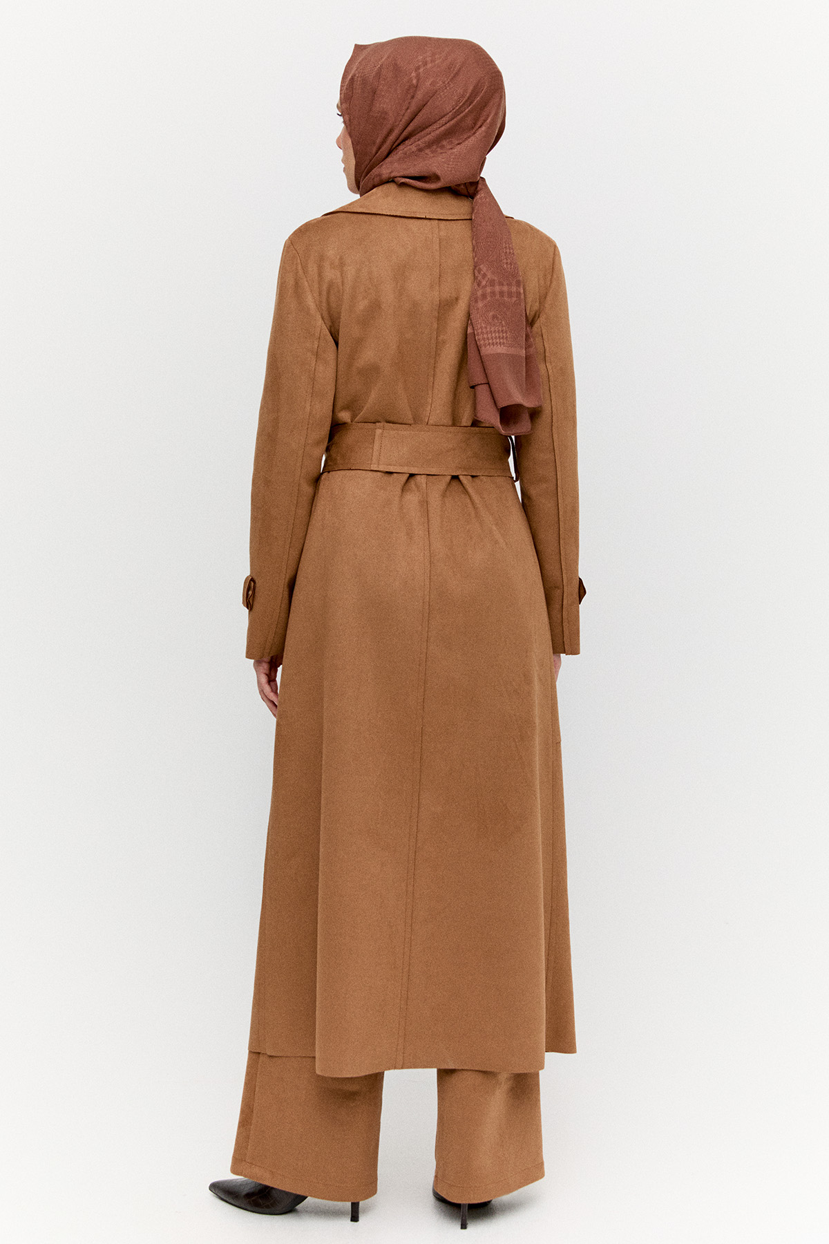 Kuşaklı Süet Görünümlü Uzun Kap, Tesettür Giyim