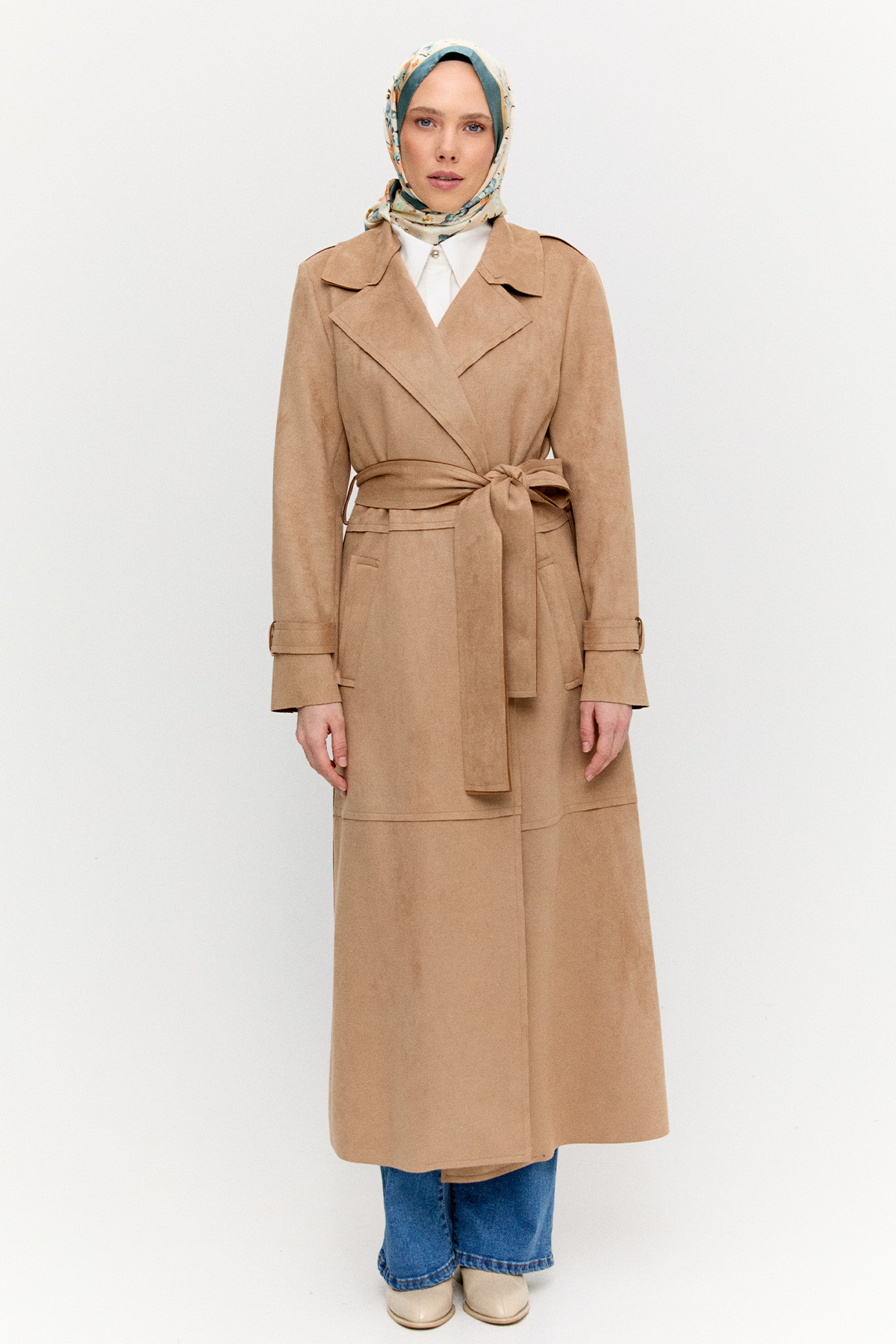 Kuşaklı Süet Görünümlü Uzun Kap, Tesettür Giyim