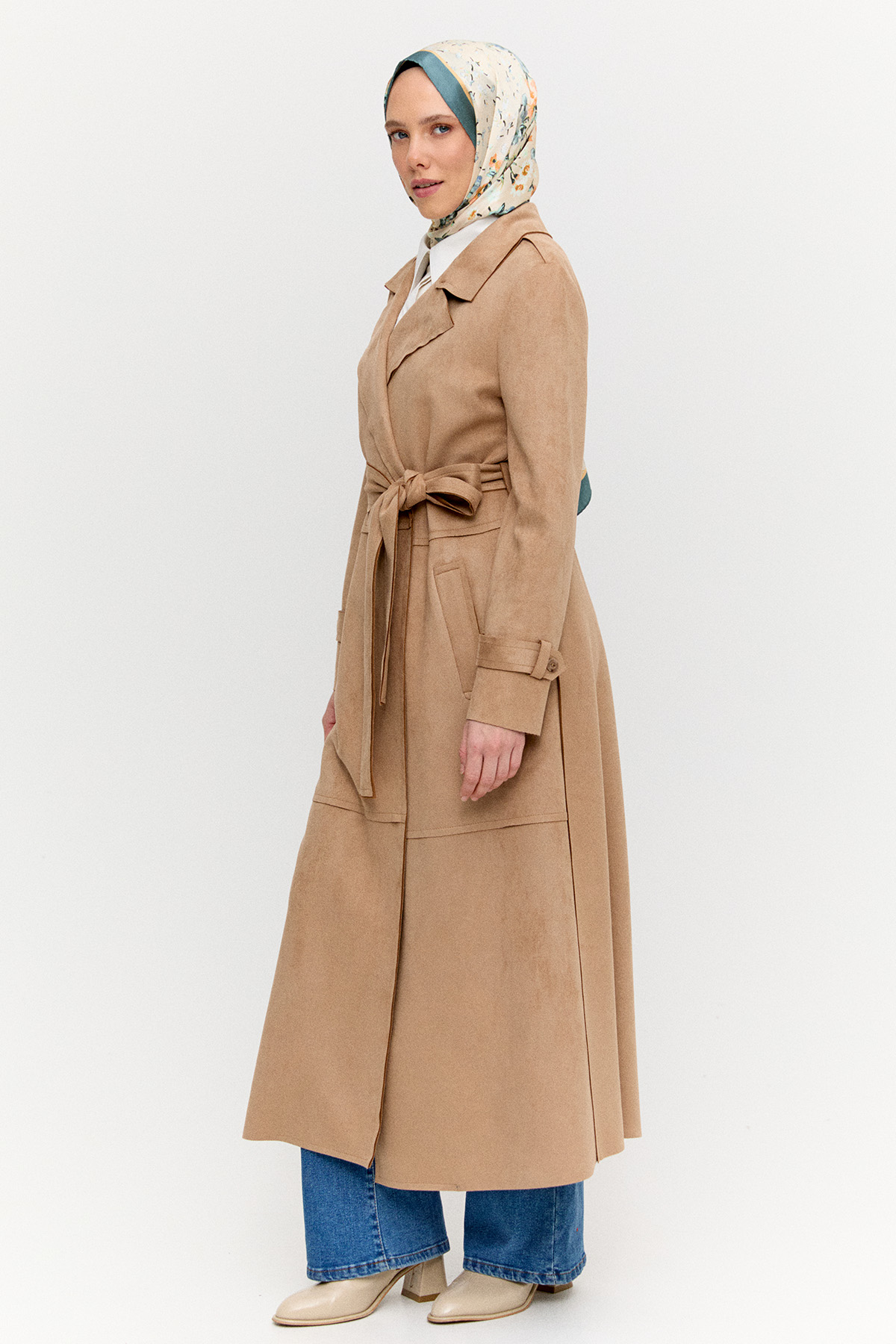Kuşaklı Süet Görünümlü Uzun Kap, Tesettür Giyim