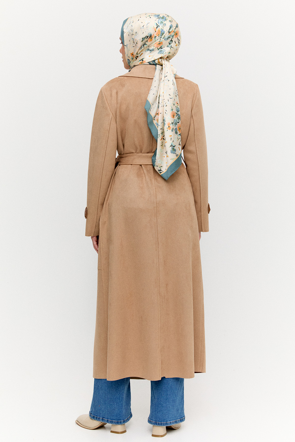 Kuşaklı Süet Görünümlü Uzun Kap, Tesettür Giyim