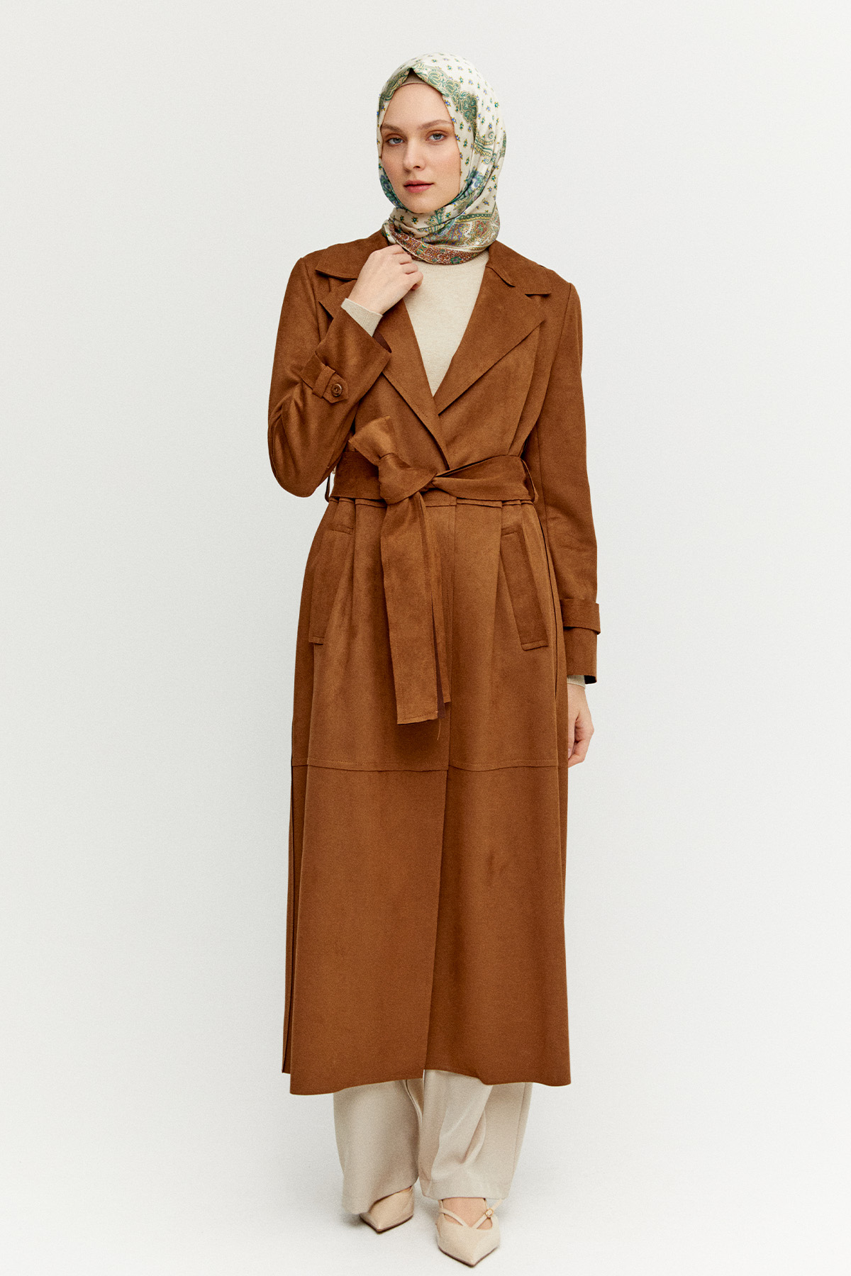 Kuşaklı Süet Görünümlü Uzun Kap, Tesettür Giyim