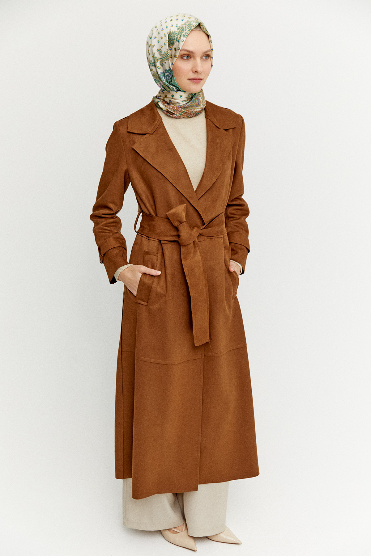 Kuşaklı Süet Görünümlü Uzun Kap, Tesettür Giyim