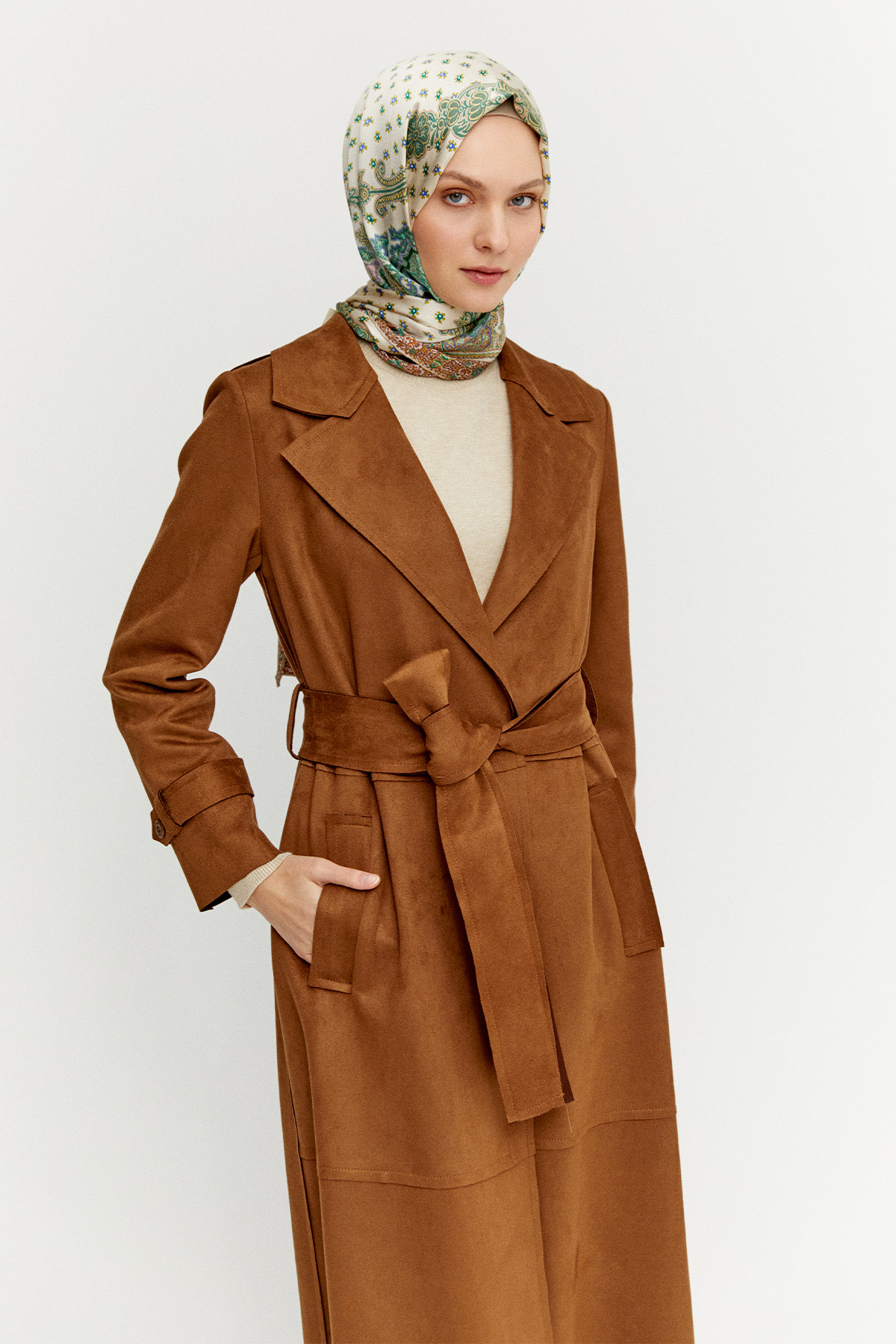 Kuşaklı Süet Görünümlü Uzun Kap, Tesettür Giyim