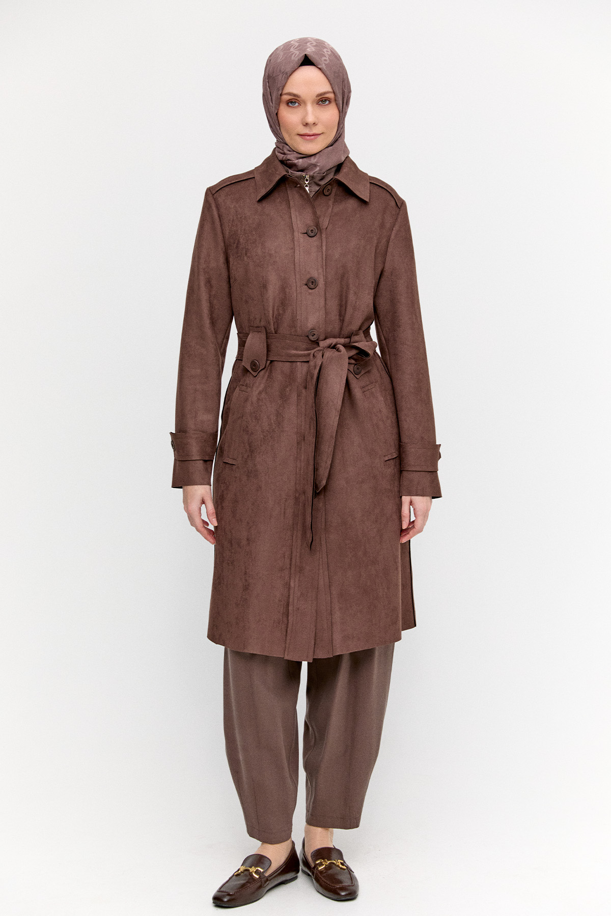 Kuşaklı Süet Görünümlü Kap, Tesettür Giyim