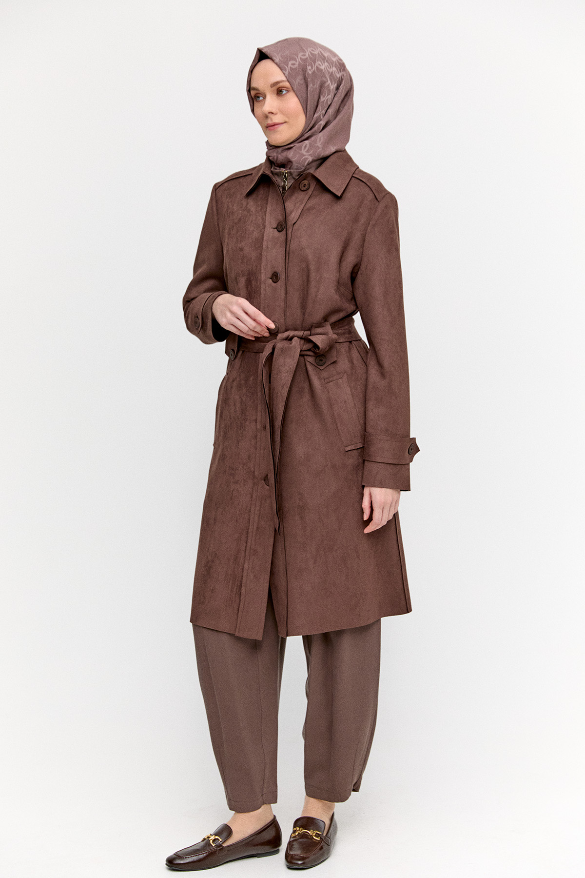 Kuşaklı Süet Görünümlü Kap, Tesettür Giyim