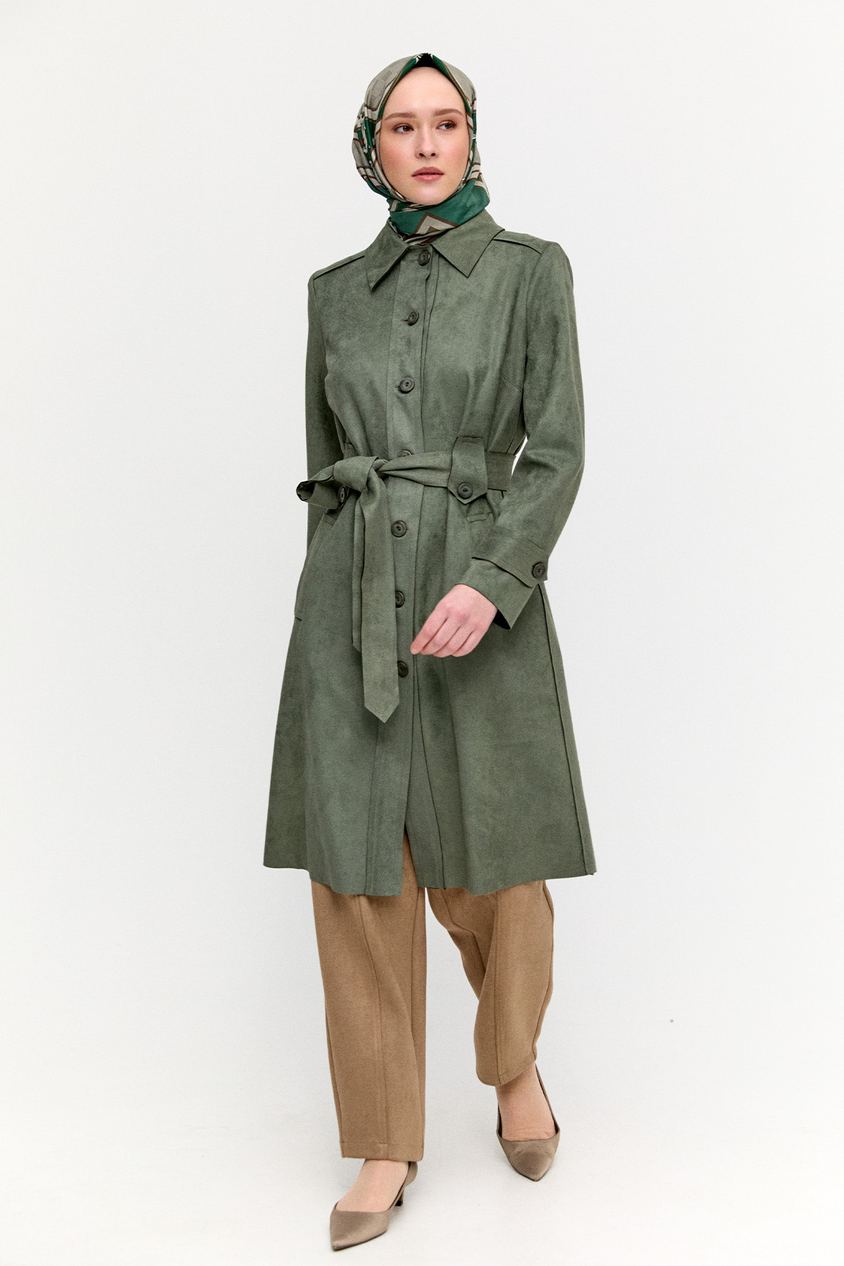 Kuşaklı Süet Görünümlü Kap, Tesettür Giyim