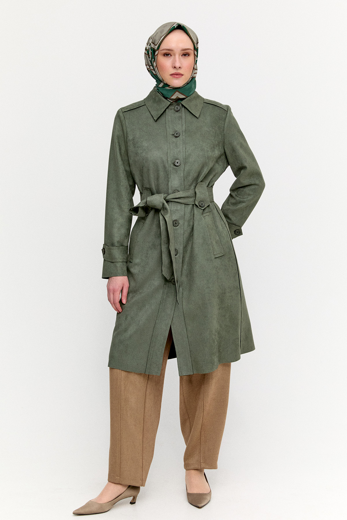 Kuşaklı Süet Görünümlü Kap, Tesettür Giyim