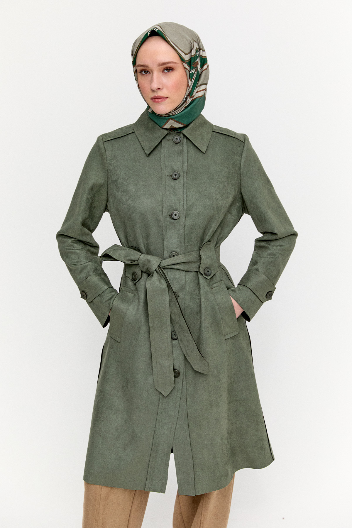 Kuşaklı Süet Görünümlü Kap, Tesettür Giyim