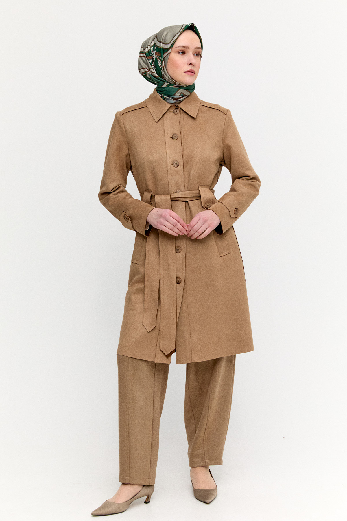 Kuşaklı Süet Görünümlü Kap, Tesettür Giyim