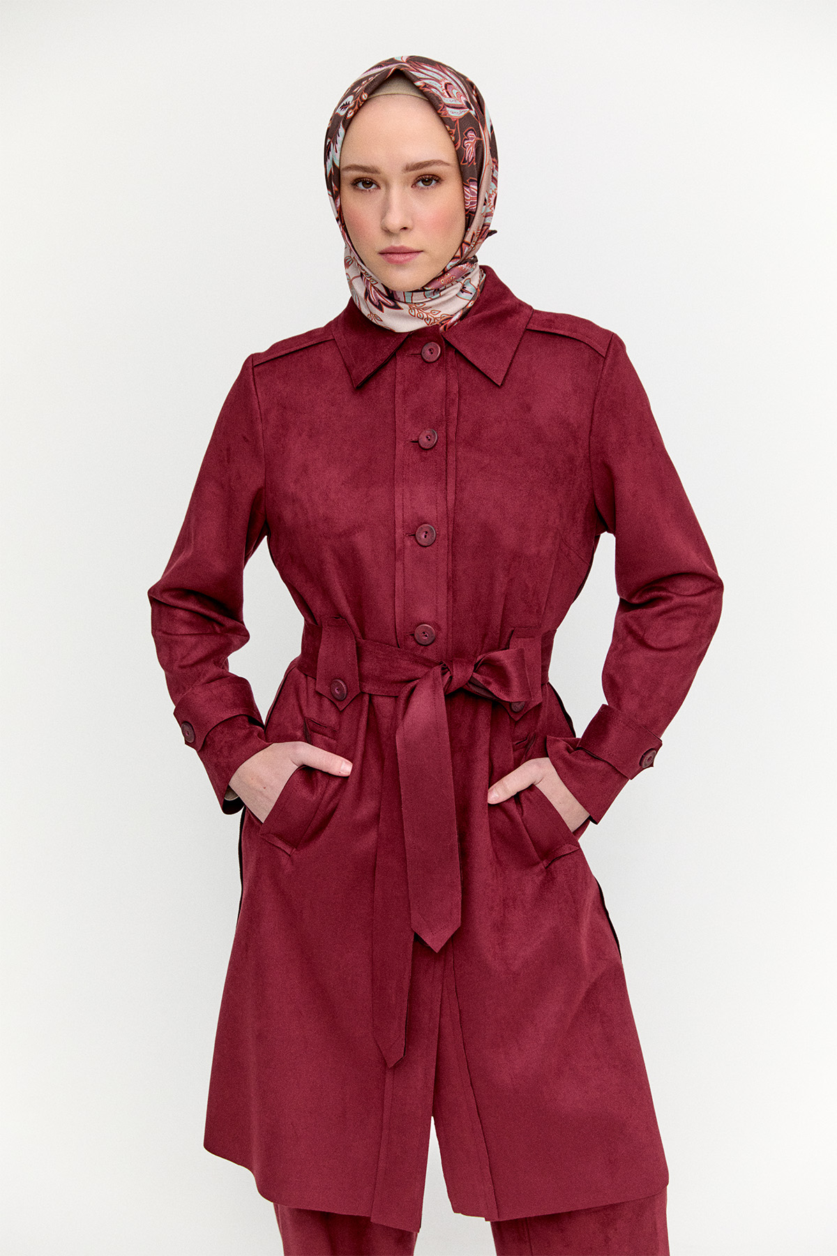 Kuşaklı Süet Görünümlü Kap, Tesettür Giyim