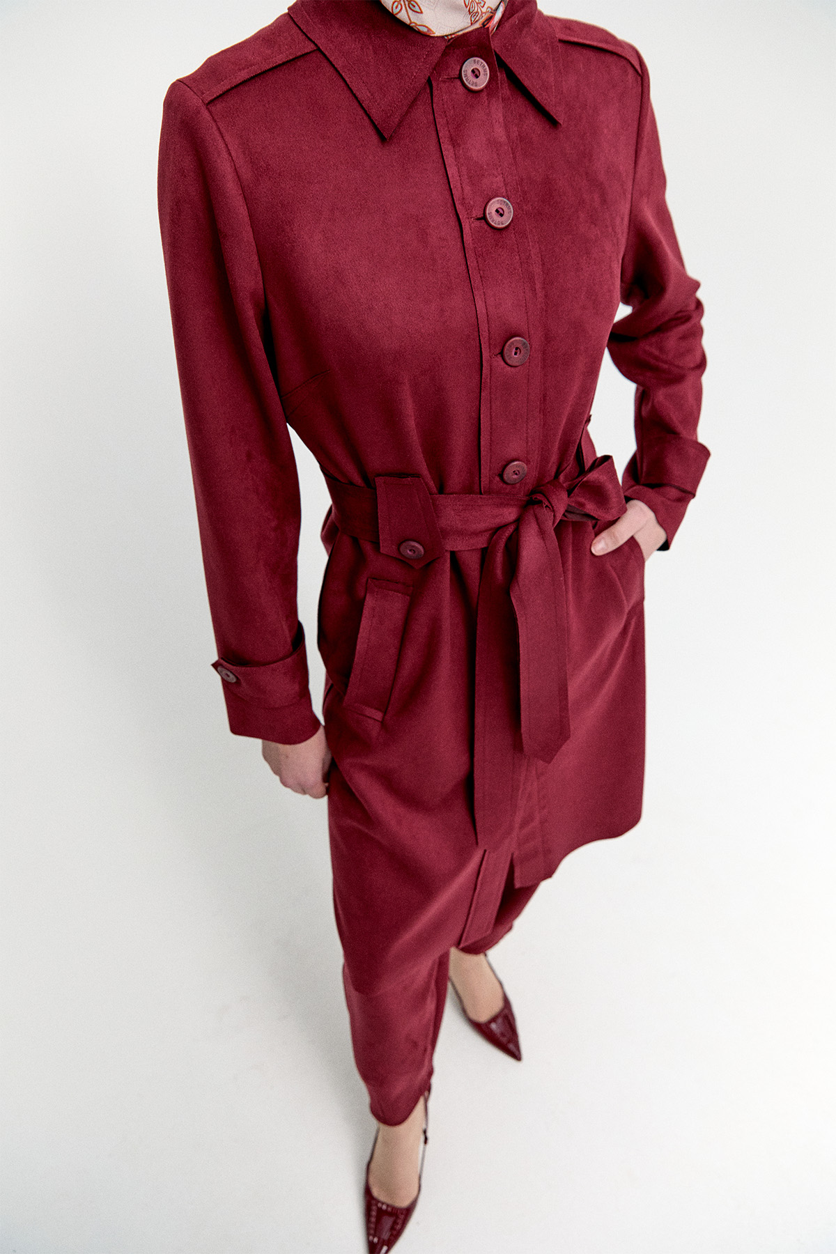 Kuşaklı Süet Görünümlü Kap, Tesettür Giyim