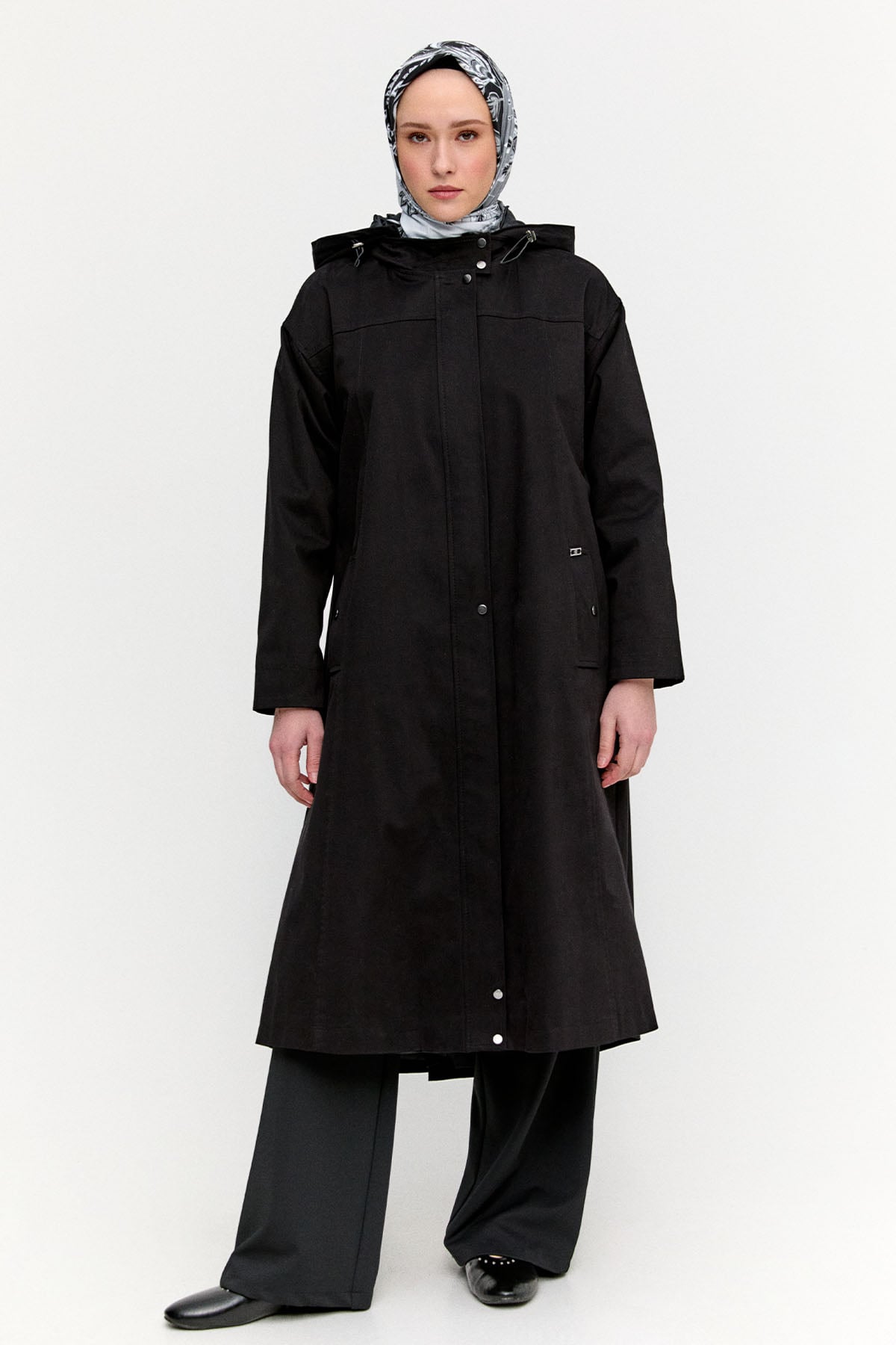 Fermuarlı Kapüşonlu Uzun Kap, Tesettür Giyim