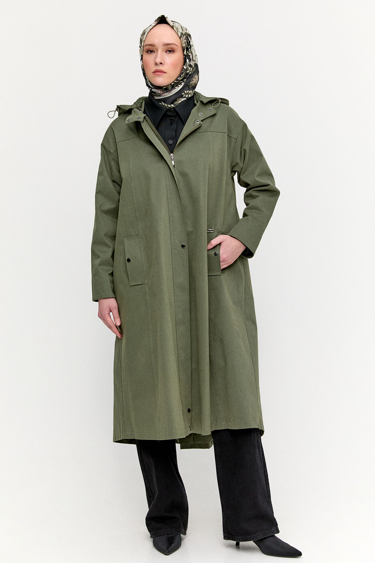 Fermuarlı Kapüşonlu Uzun Kap, Tesettür Giyim