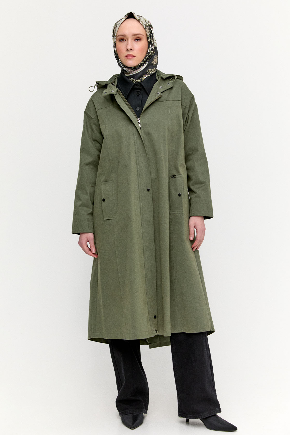 Fermuarlı Kapüşonlu Uzun Kap, Tesettür Giyim