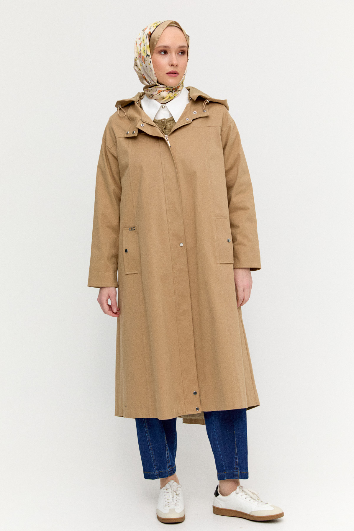 Fermuarlı Kapüşonlu Uzun Kap, Tesettür Giyim