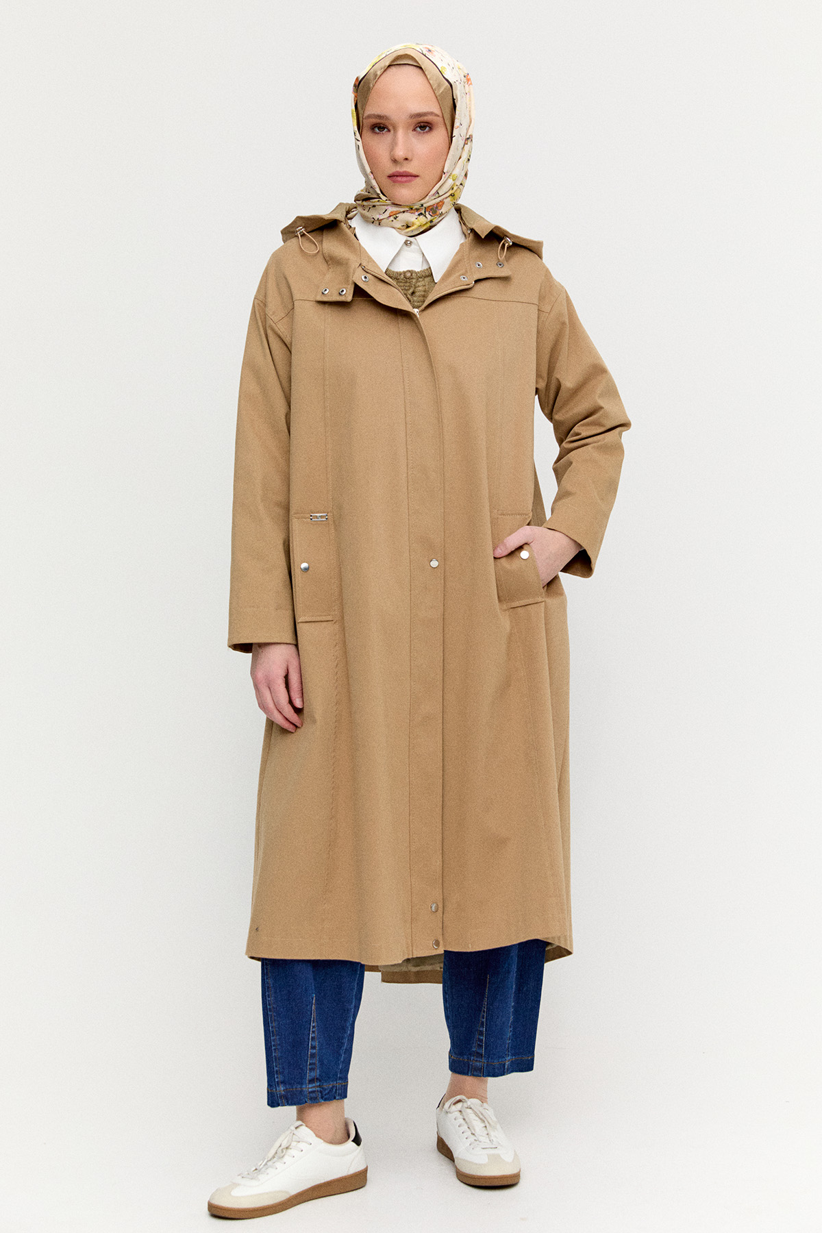 Fermuarlı Kapüşonlu Uzun Kap, Tesettür Giyim