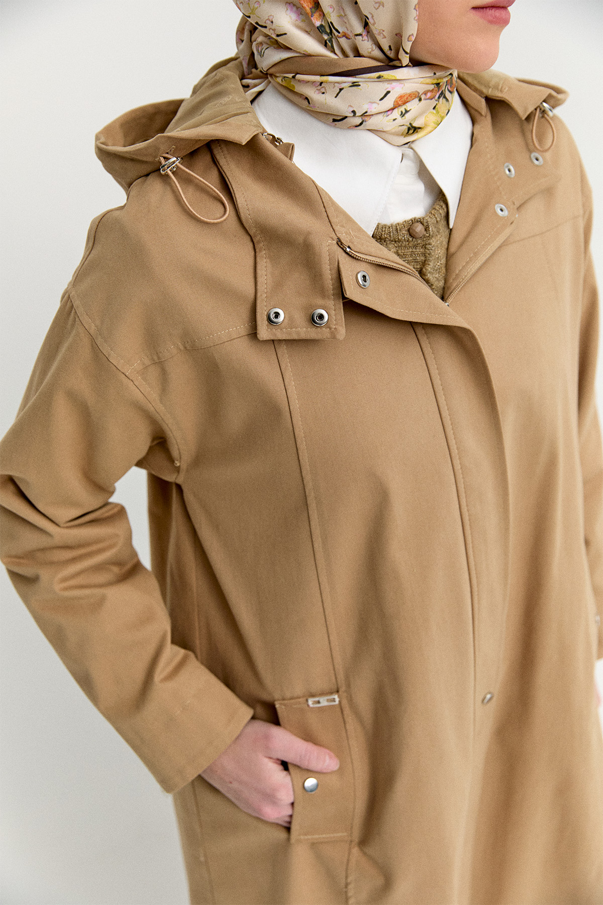 Fermuarlı Kapüşonlu Uzun Kap, Tesettür Giyim