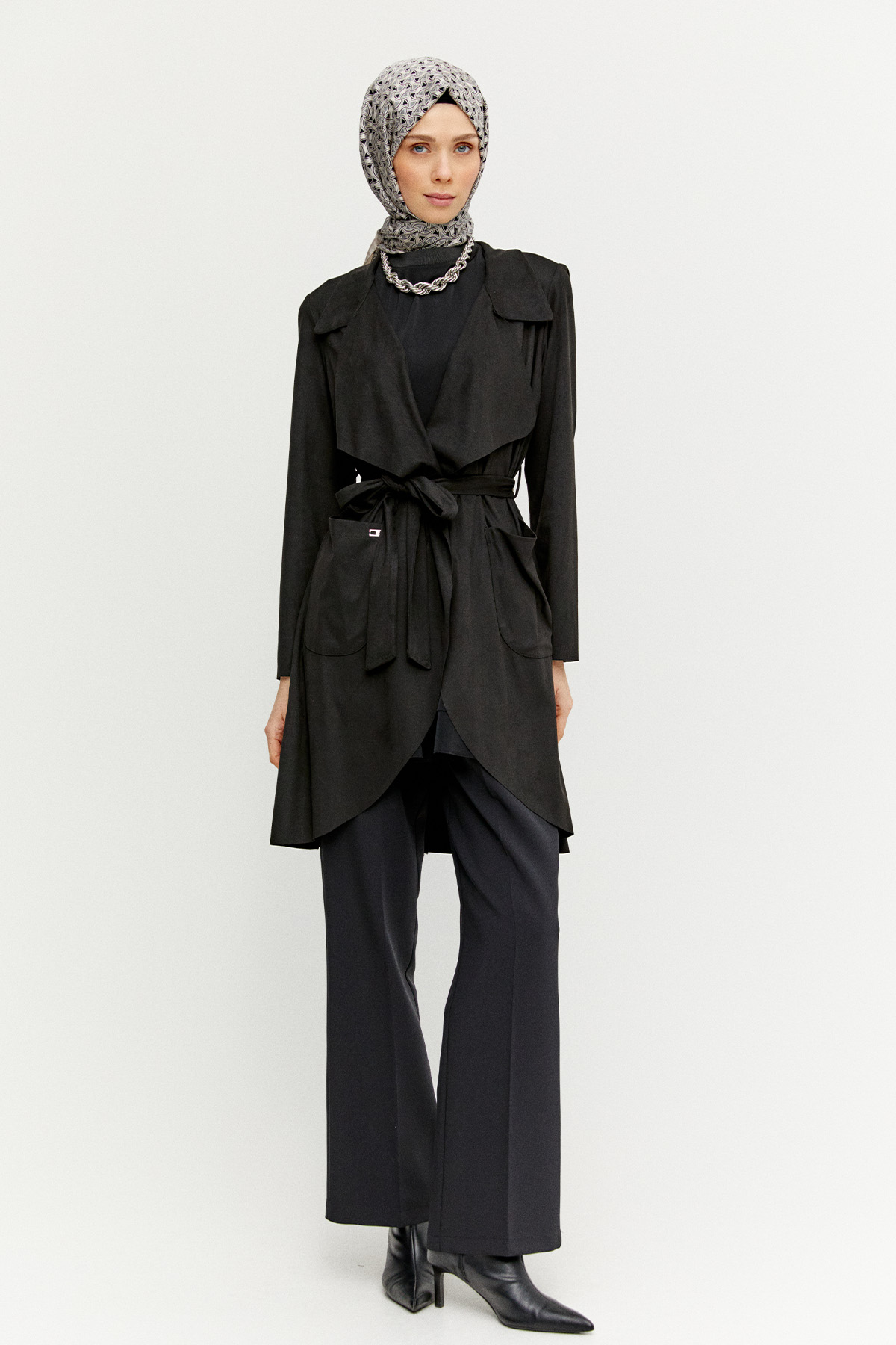 Ceket Yakalı Süet Görünümlü Kap, Tesettür Giyim