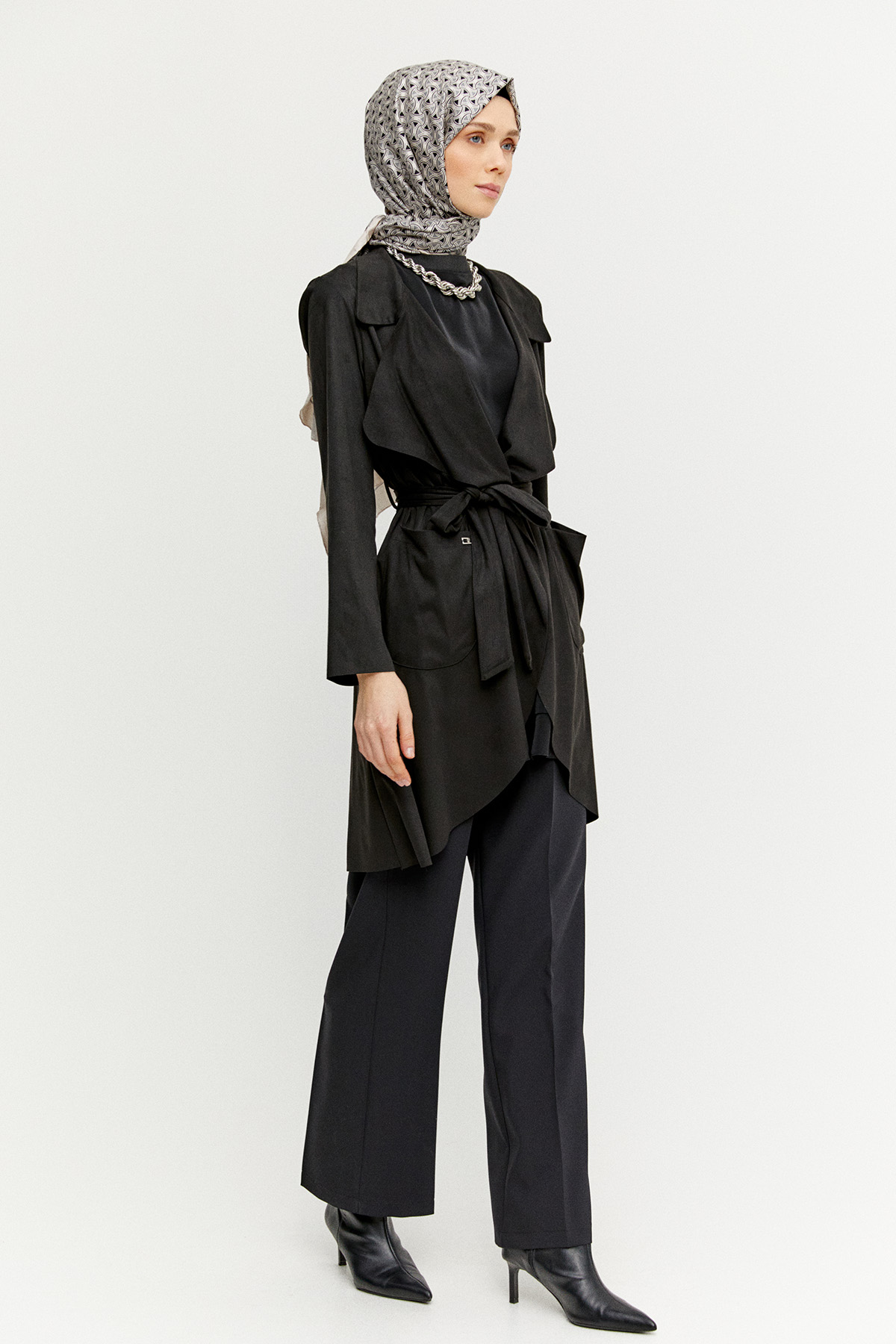 Ceket Yakalı Süet Görünümlü Kap, Tesettür Giyim