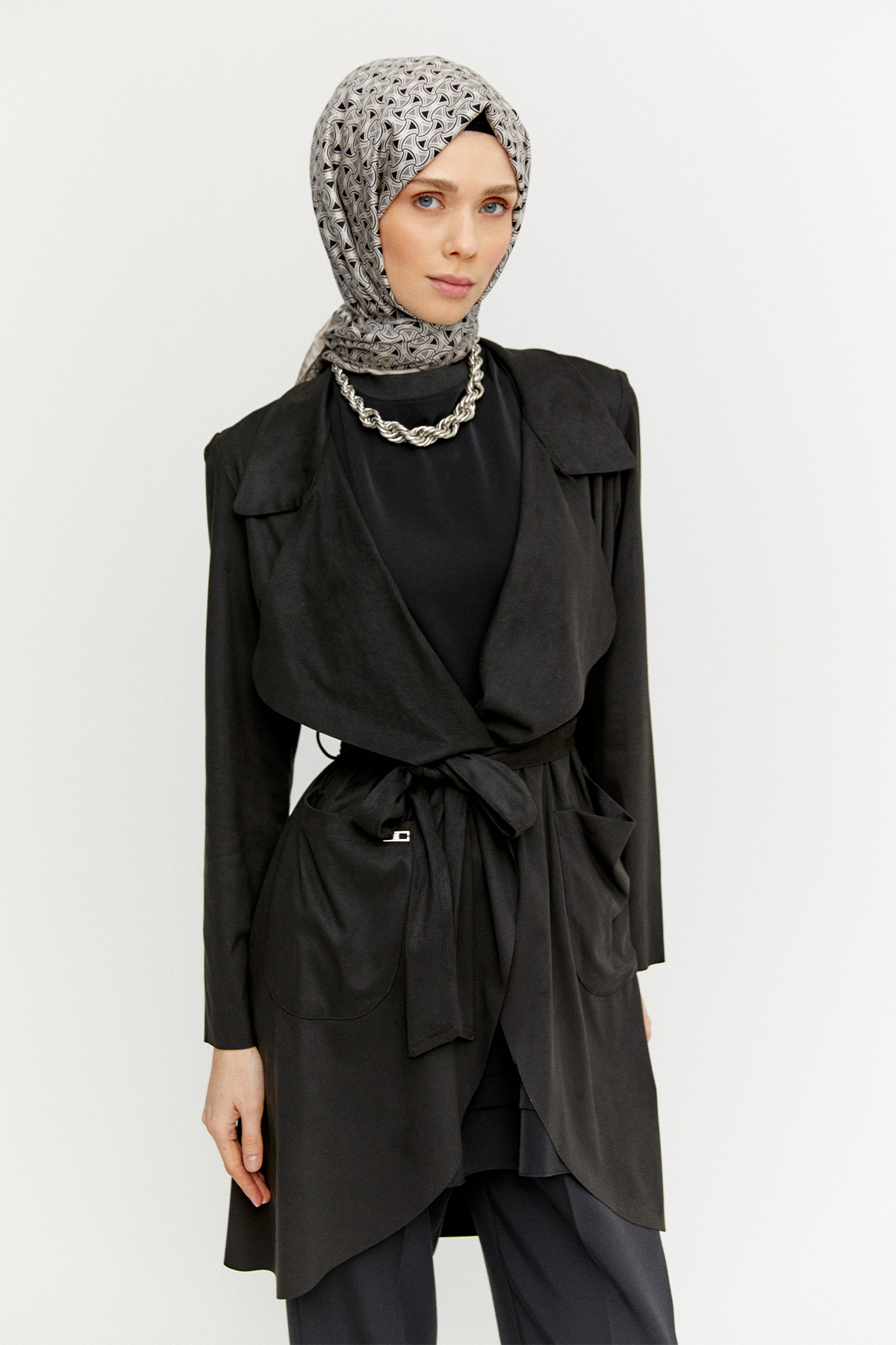 Ceket Yakalı Süet Görünümlü Kap, Tesettür Giyim