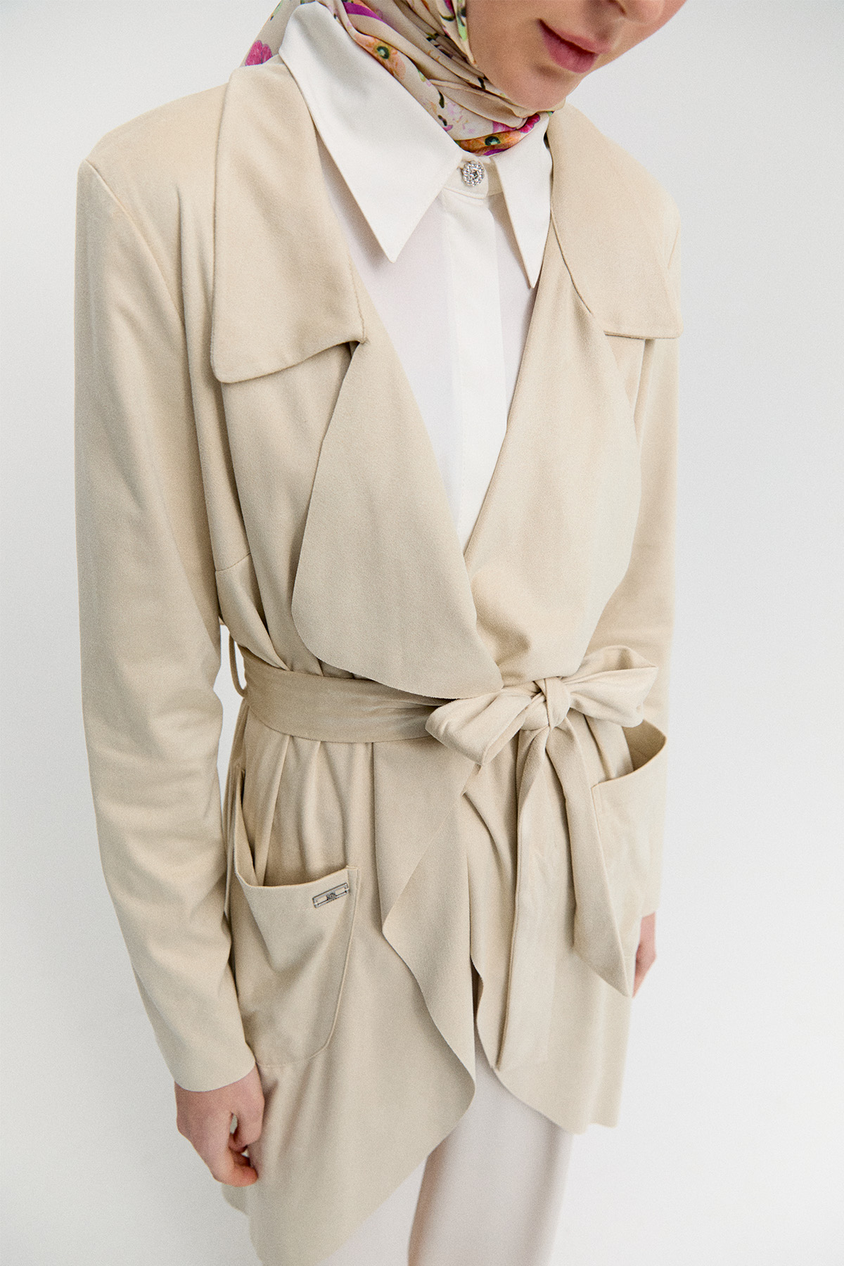 Ceket Yakalı Süet Görünümlü Kap, Tesettür Giyim