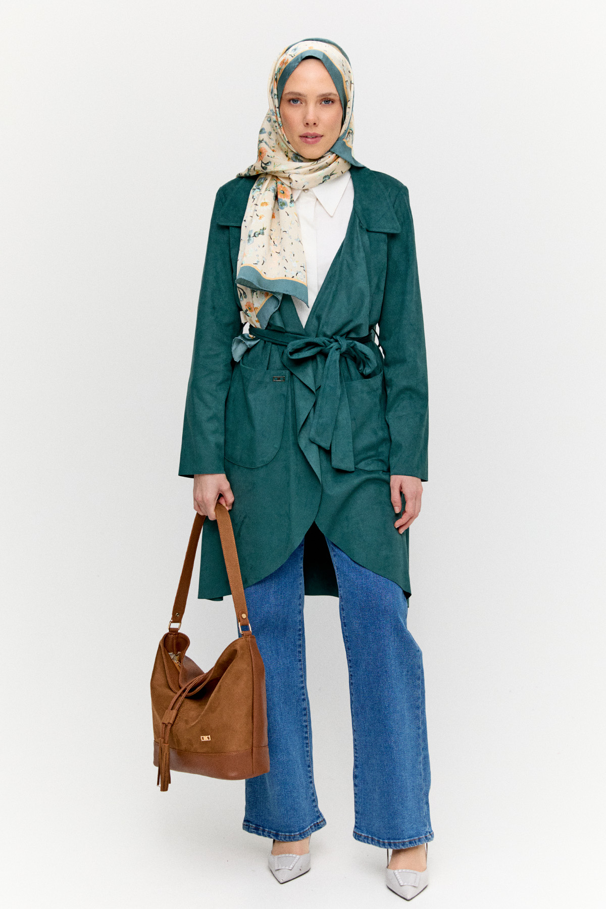 Ceket Yakalı Süet Görünümlü Kap, Tesettür Giyim