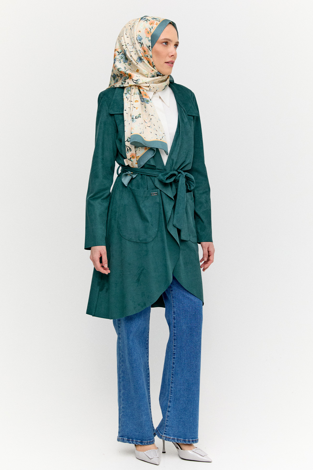 Ceket Yakalı Süet Görünümlü Kap, Tesettür Giyim