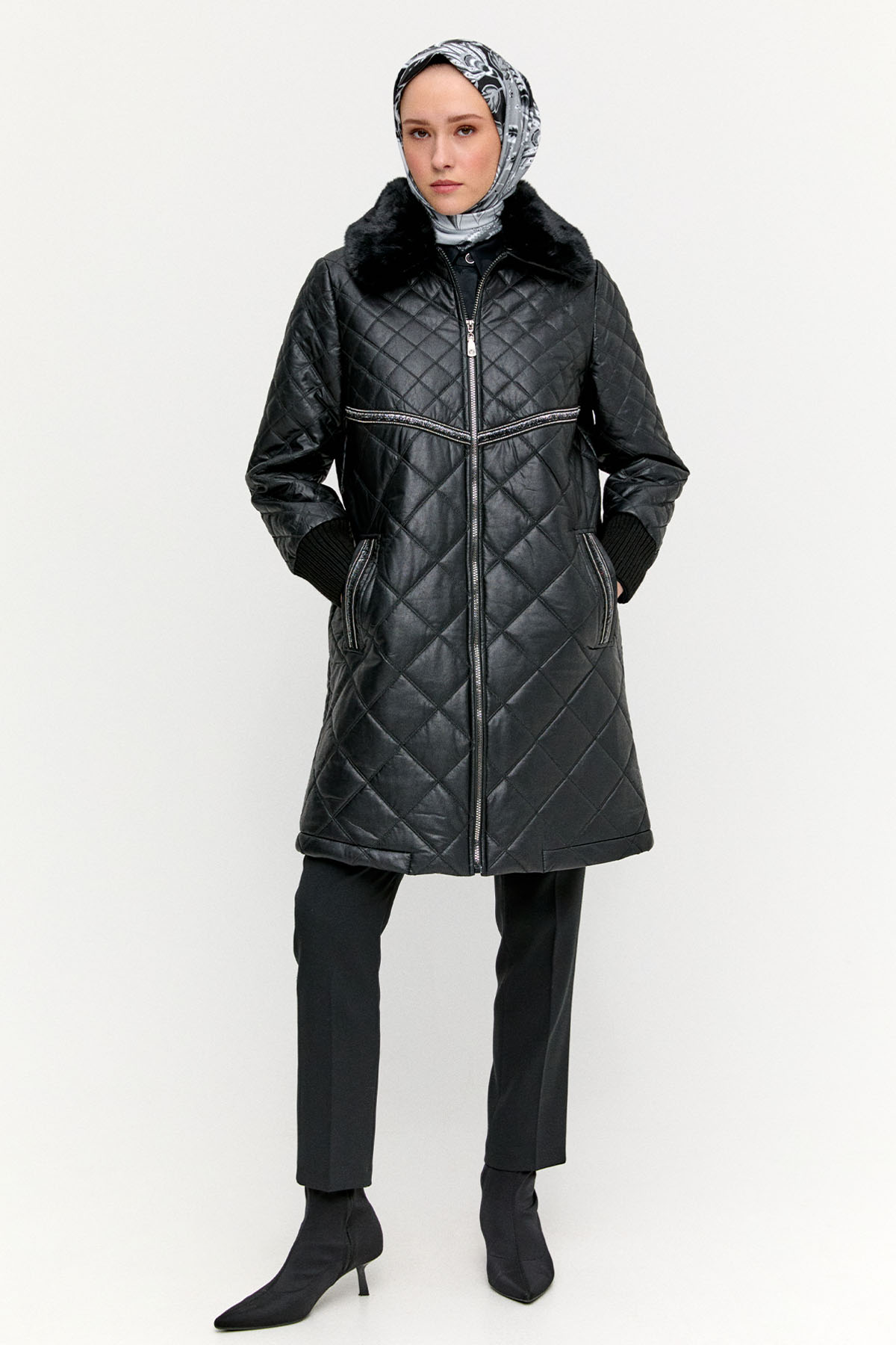 Suni Deri Fermuarlı Kapitone Kaban, Tesettür Giyim