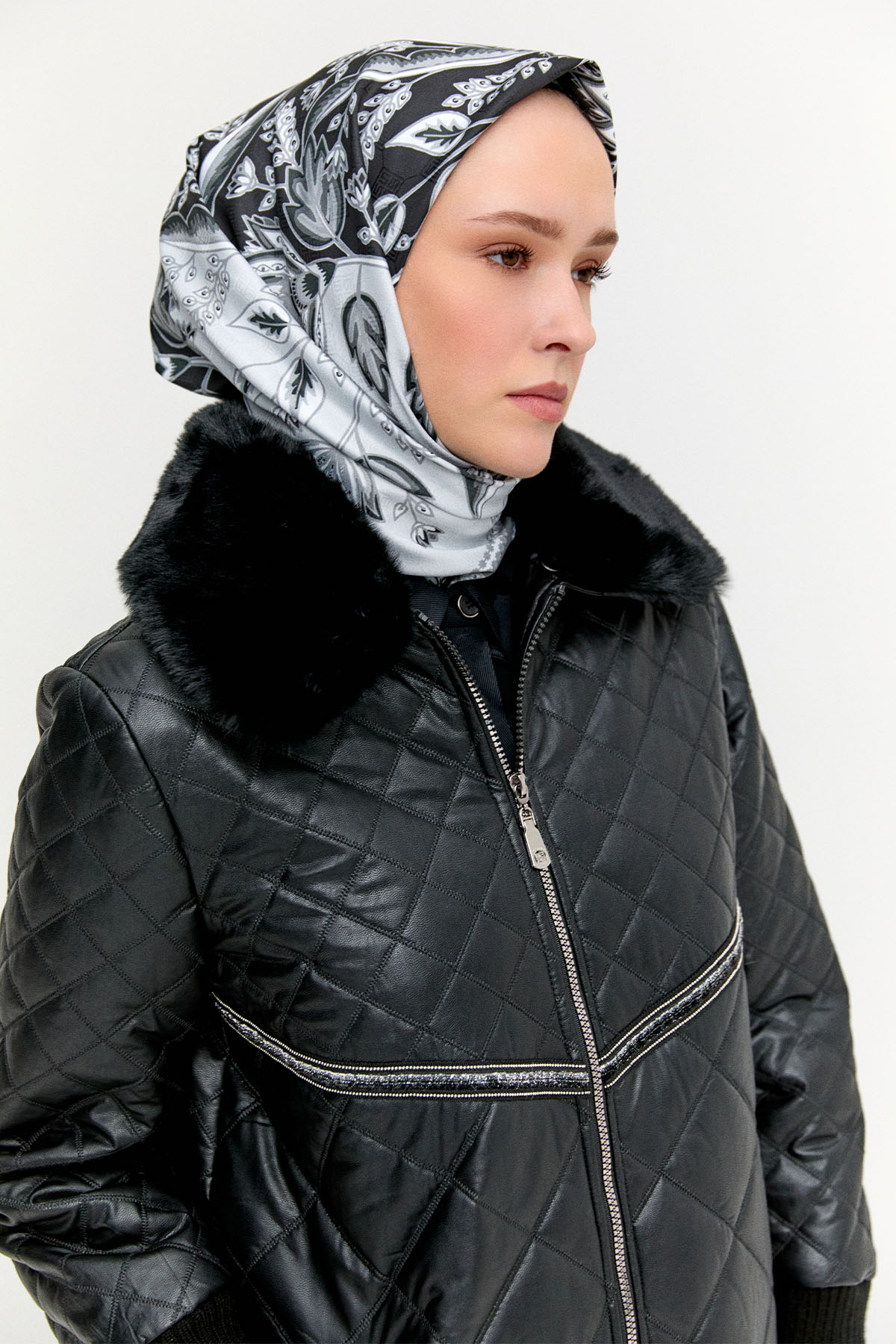 Suni Deri Fermuarlı Kapitone Kaban, Tesettür Giyim