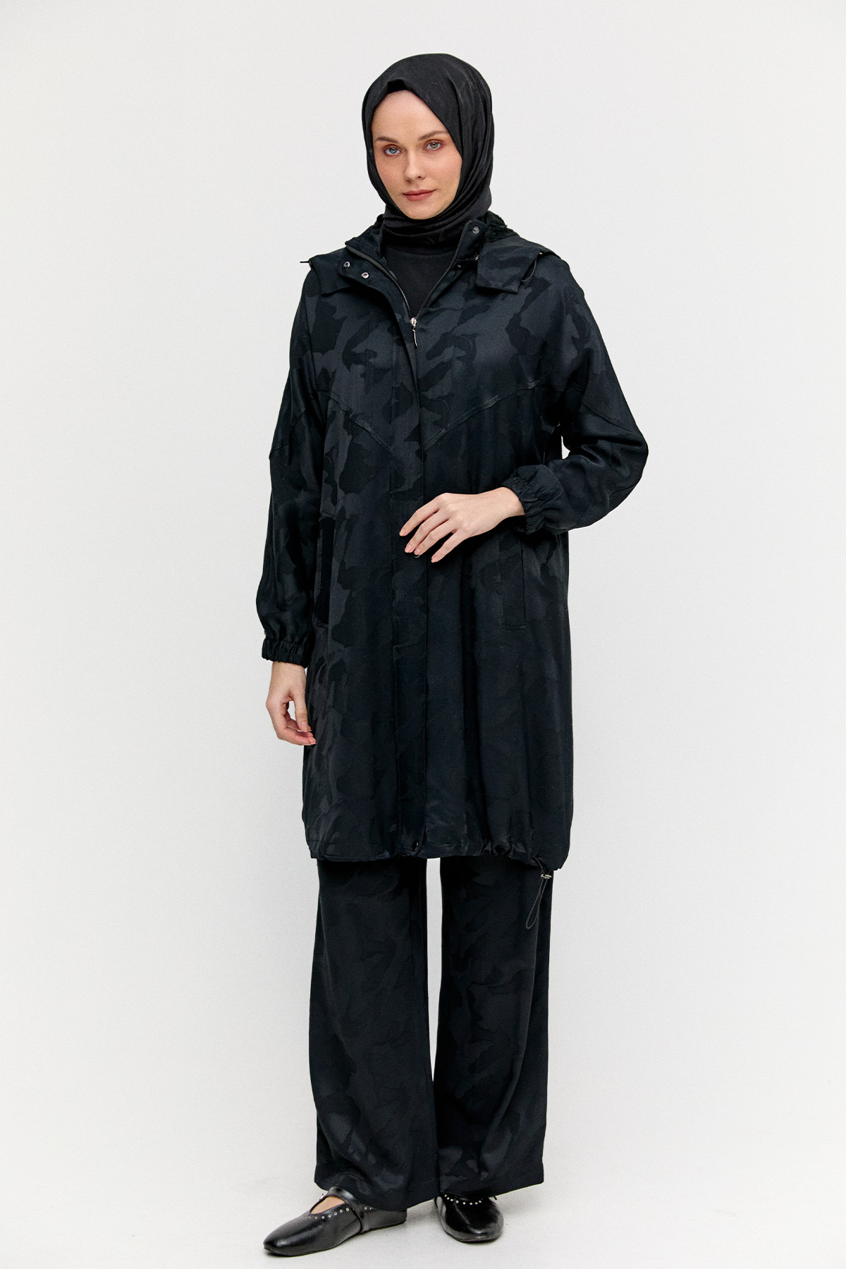Kapüşonlu Jakarlı Peluş Astarlı Kap, Tesettür Giyim