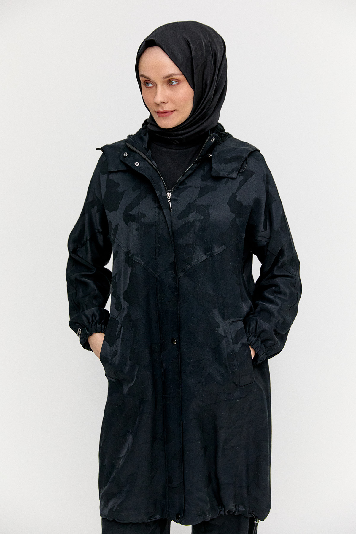 Kapüşonlu Jakarlı Peluş Astarlı Kap, Tesettür Giyim