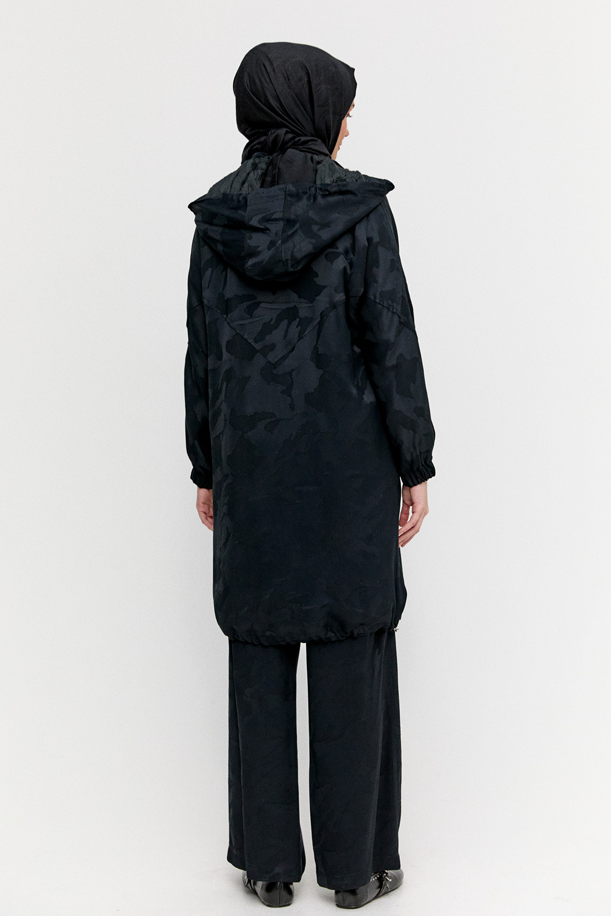 Kapüşonlu Jakarlı Peluş Astarlı Kap, Tesettür Giyim