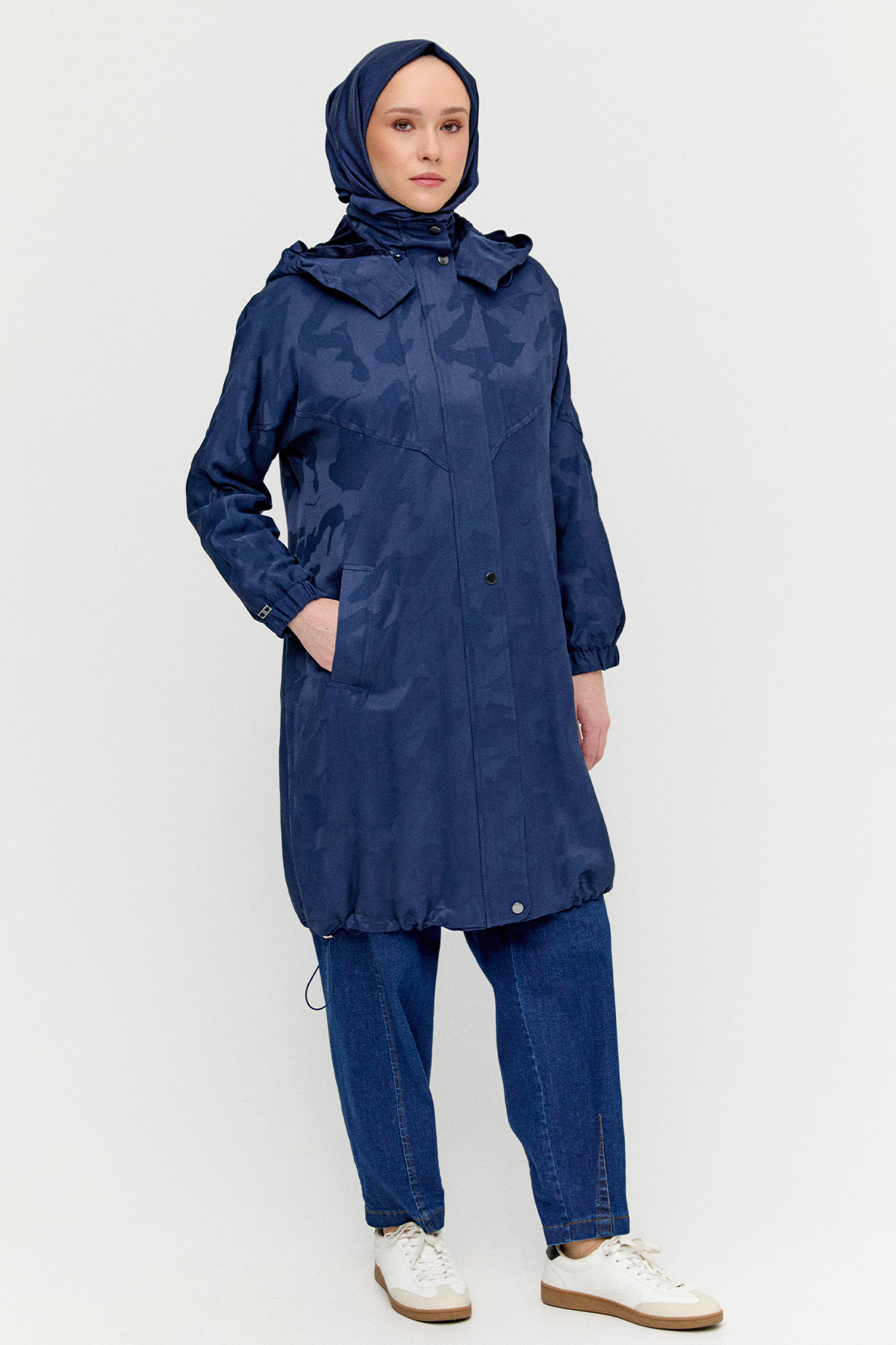 Kapüşonlu Jakarlı Peluş Astarlı Kap, Tesettür Giyim