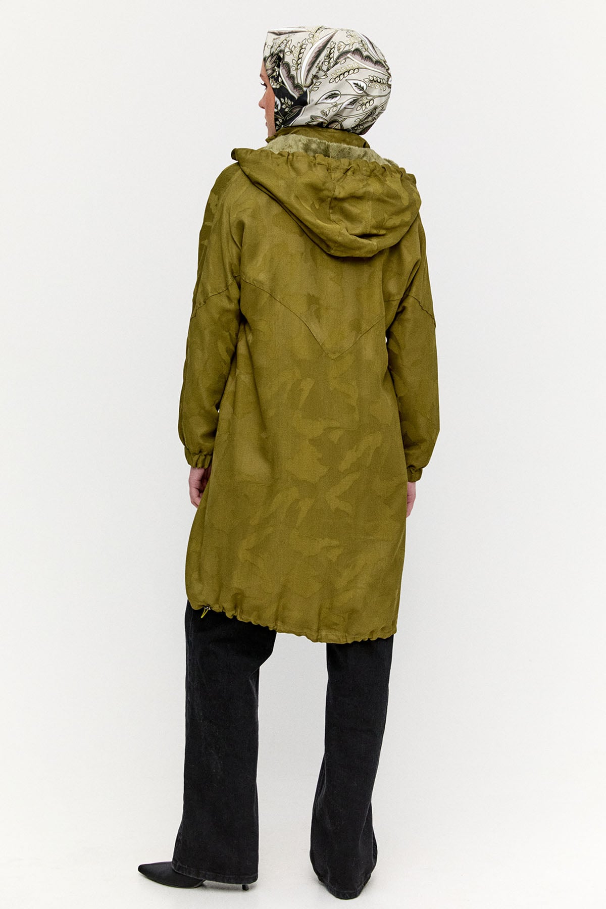 Kapüşonlu Jakarlı Peluş Astarlı Kap, Tesettür Giyim