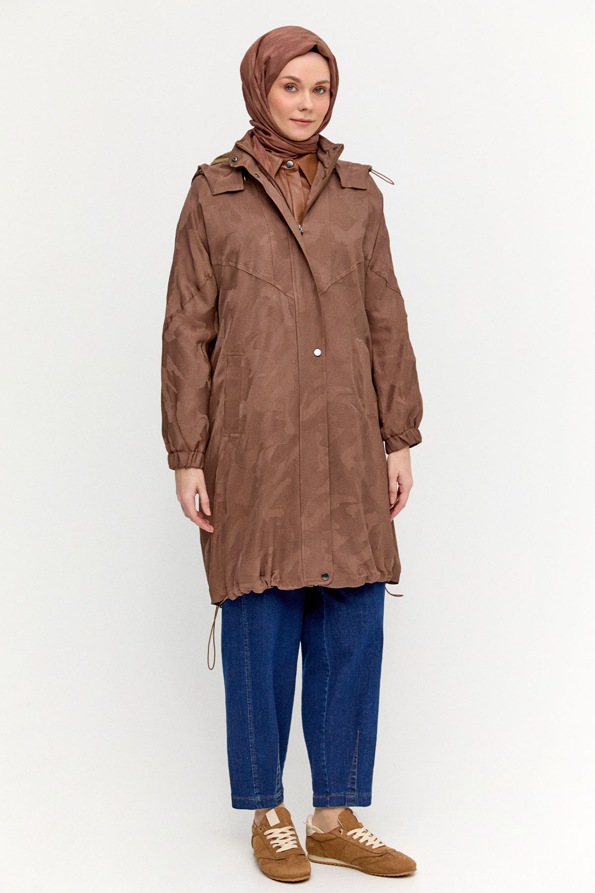 Kapüşonlu Jakarlı Peluş Astarlı Kap, Tesettür Giyim