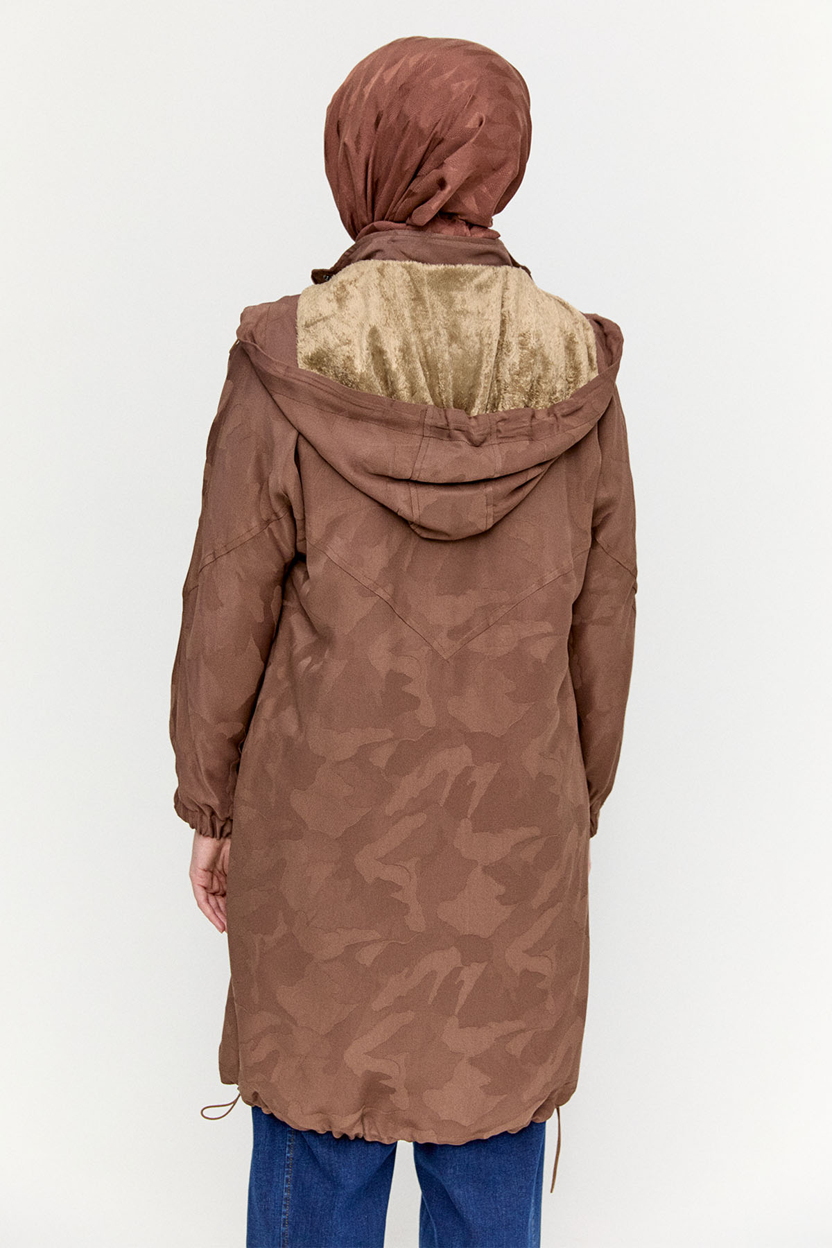 Kapüşonlu Jakarlı Peluş Astarlı Kap, Tesettür Giyim