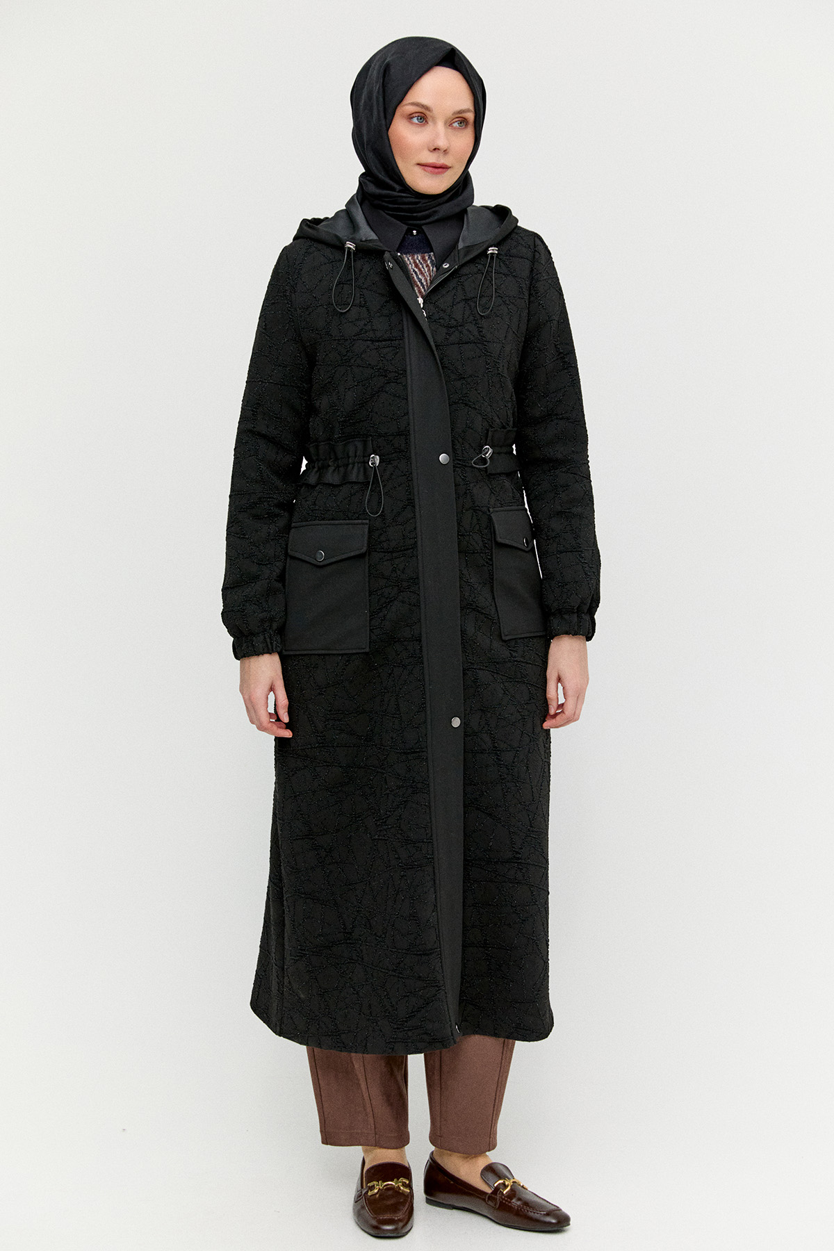 Kapüşonlu Stoperli Dokulu Kap, Tesettür Giyim