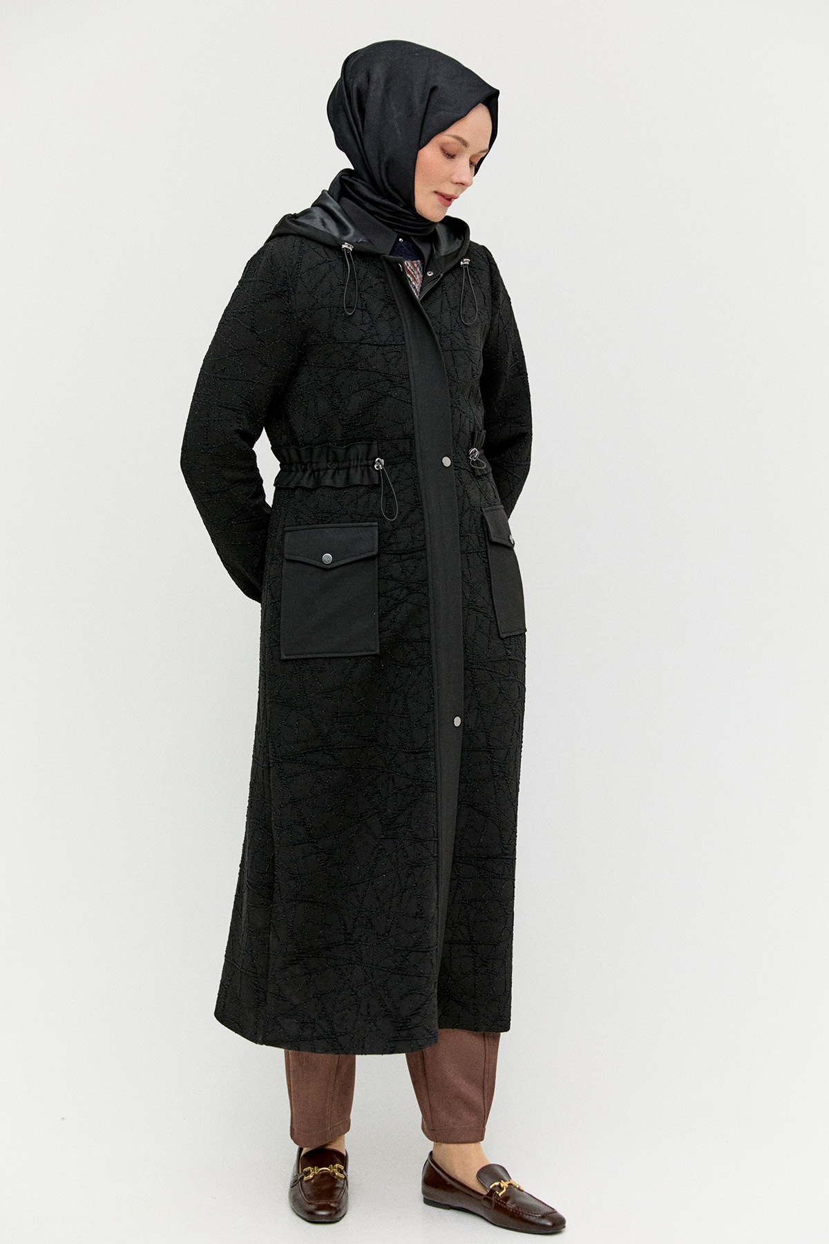 Kapüşonlu Stoperli Dokulu Kap, Tesettür Giyim