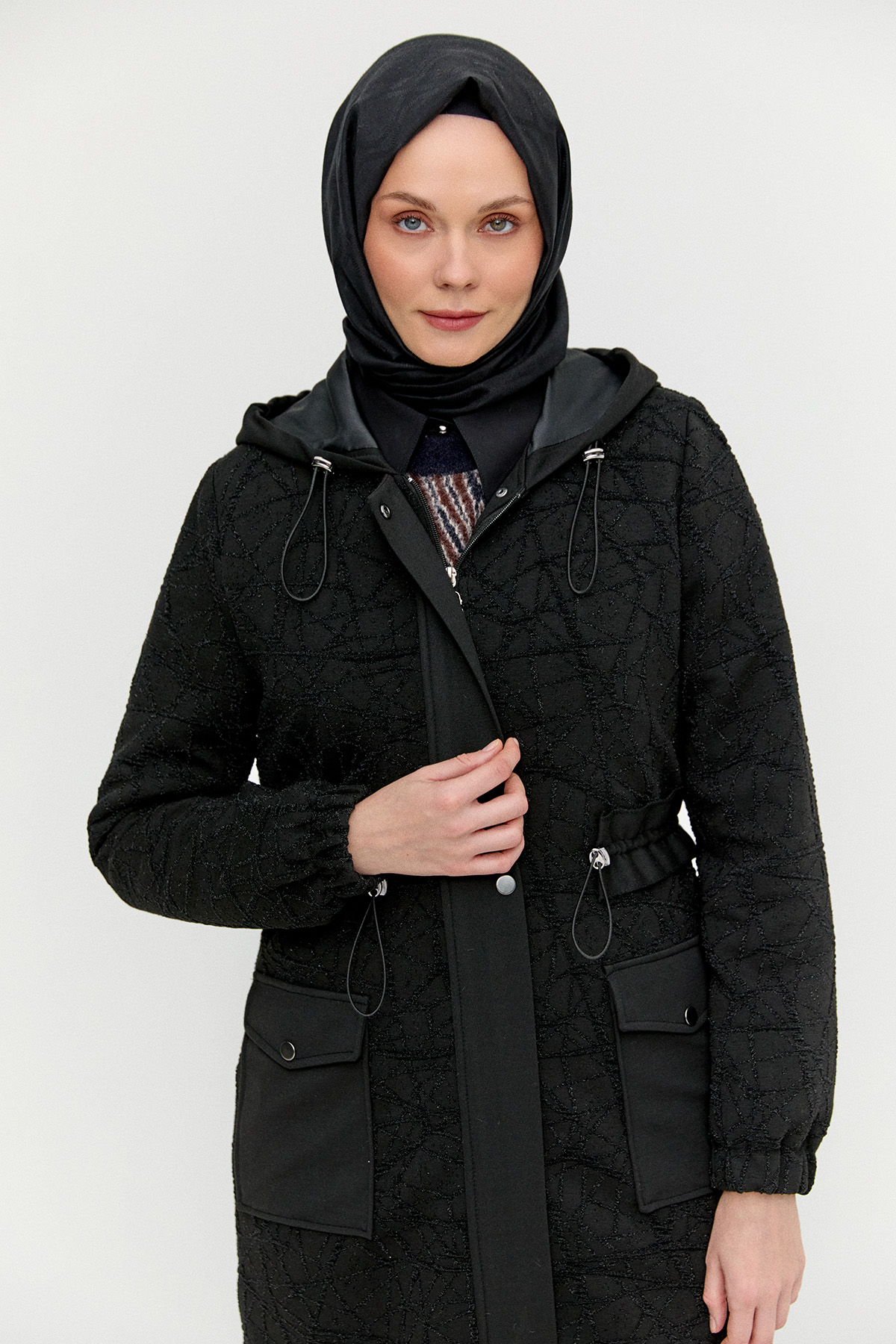 Kapüşonlu Stoperli Dokulu Kap, Tesettür Giyim