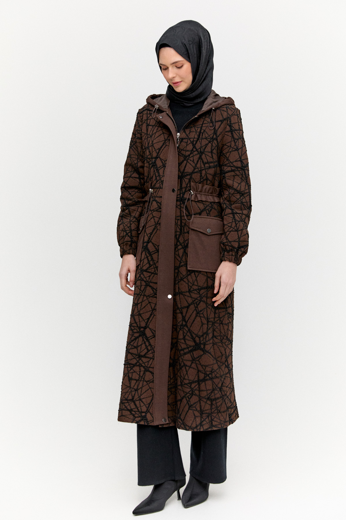 Kapüşonlu Stoperli Dokulu Kap, Tesettür Giyim