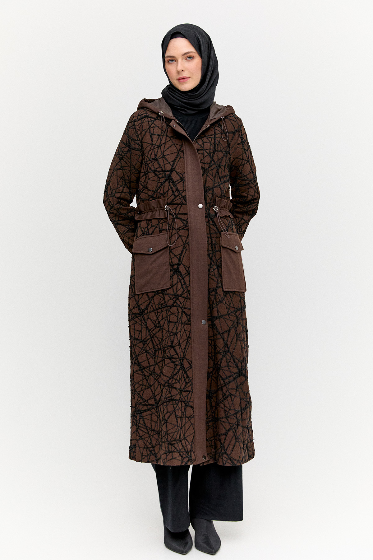 Kapüşonlu Stoperli Dokulu Kap, Tesettür Giyim