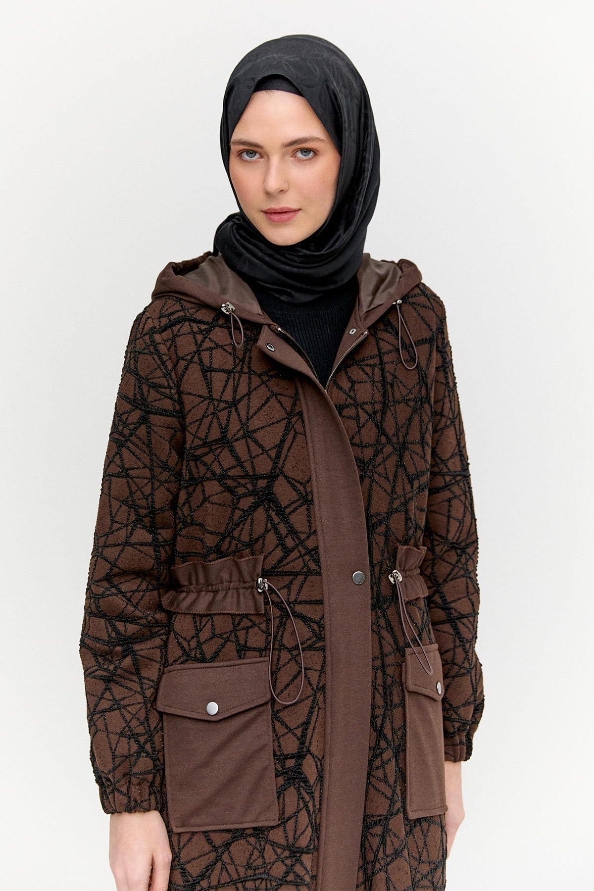 Kapüşonlu Stoperli Dokulu Kap, Tesettür Giyim