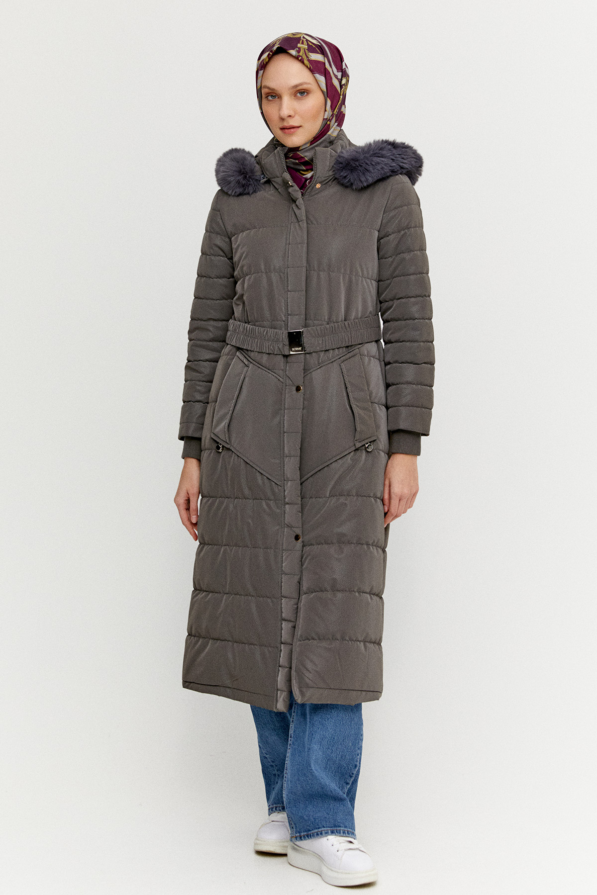 Suni Kürk Kapüşonlu Kapitone Kaban, Tesettür Giyim