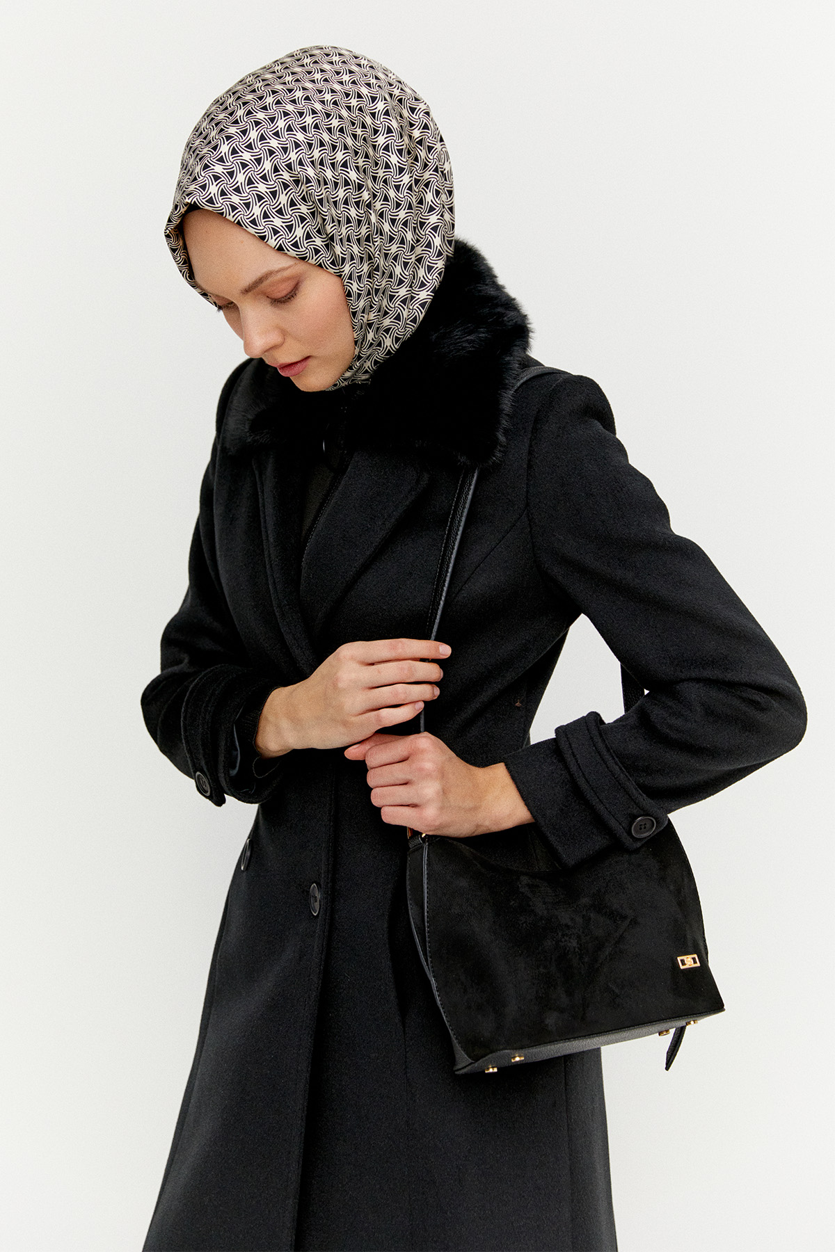 Suni Kürk Detaylı Kruvaze Kaşe Manto