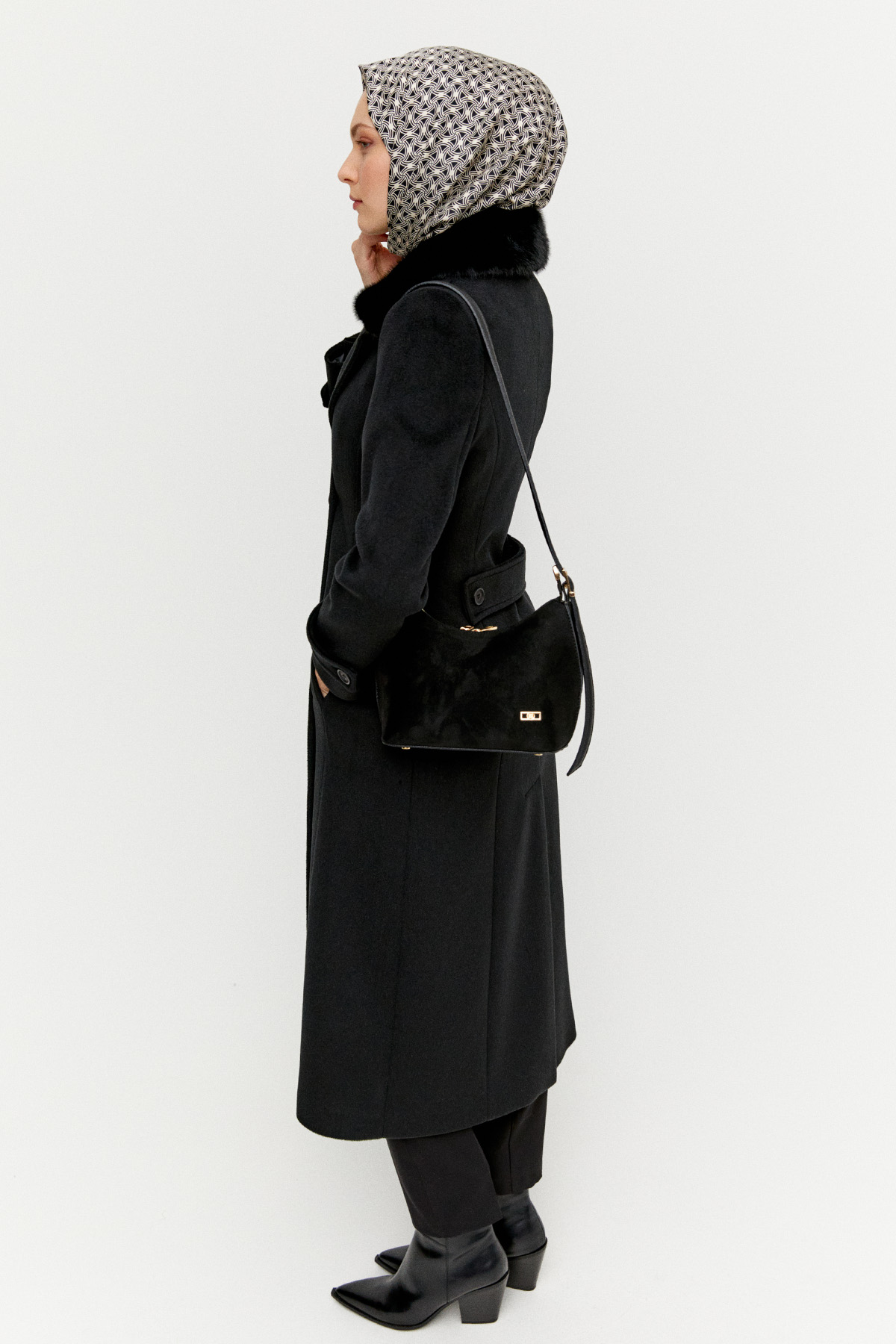 Suni Kürk Detaylı Kruvaze Kaşe Manto