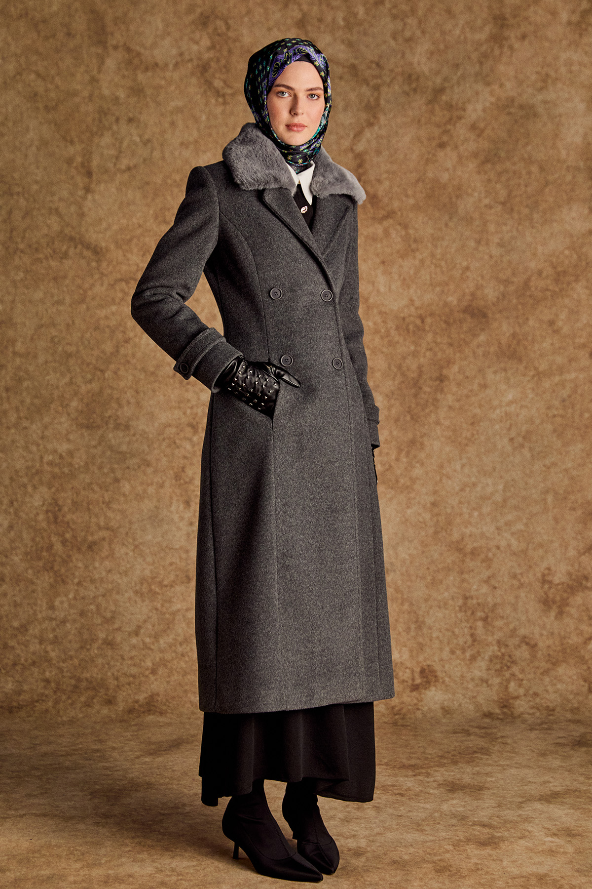 Suni Kürk Detaylı Kruvaze Kaşe Manto