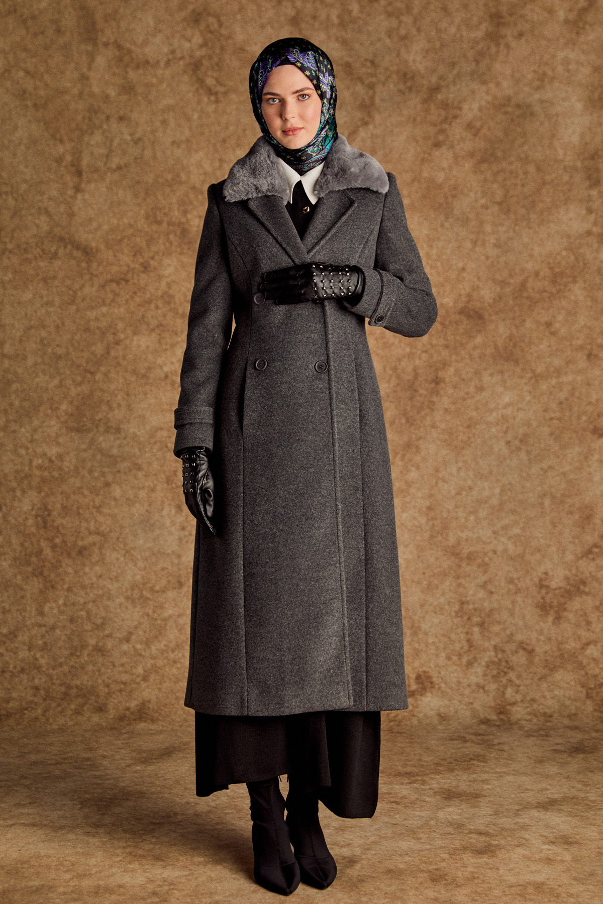 Suni Kürk Detaylı Kruvaze Kaşe Manto